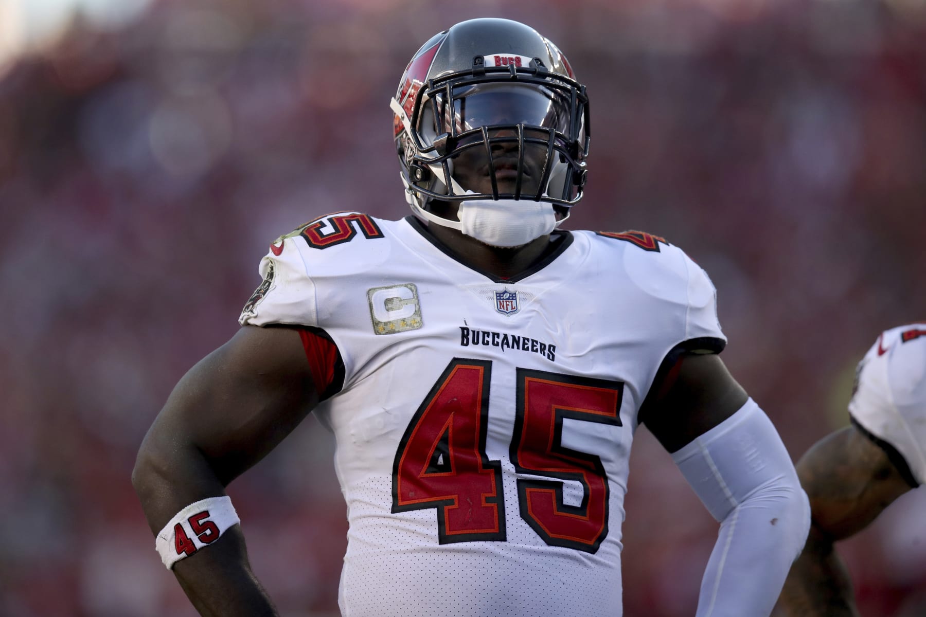 Tampa Bay Buccaneers linebacker Devin White (45) stands on the field during an NFL football game against the San Francisco 49ers, Sunday, Nov. 19, 2023, in Santa Clara, Calif. (AP Photo/Scot Tucker)