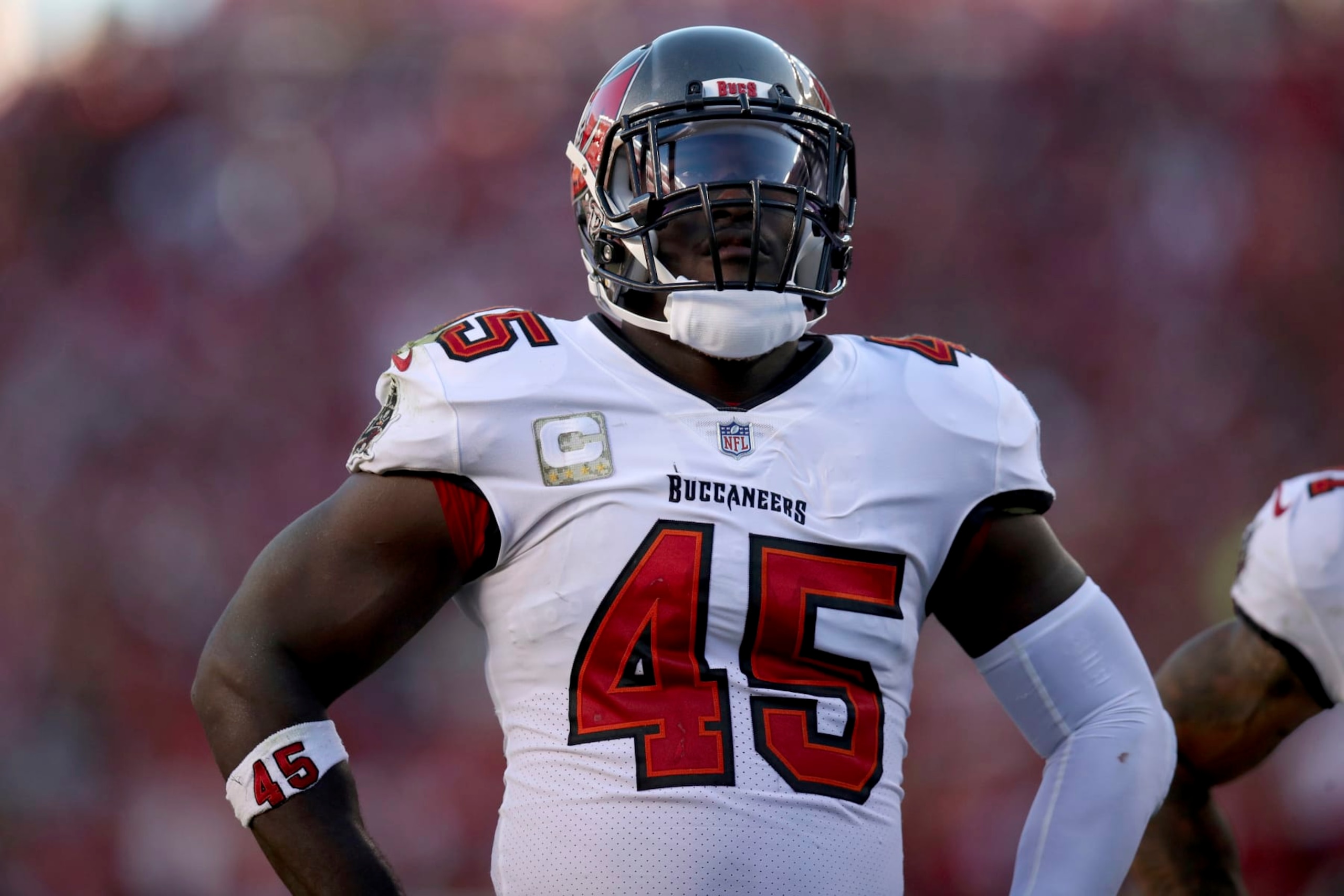 Tampa Bay Buccaneers linebacker Devin White (45) stands on the field during an NFL football game against the San Francisco 49ers, Sunday, Nov. 19, 2023, in Santa Clara, Calif. (AP Photo/Scot Tucker)