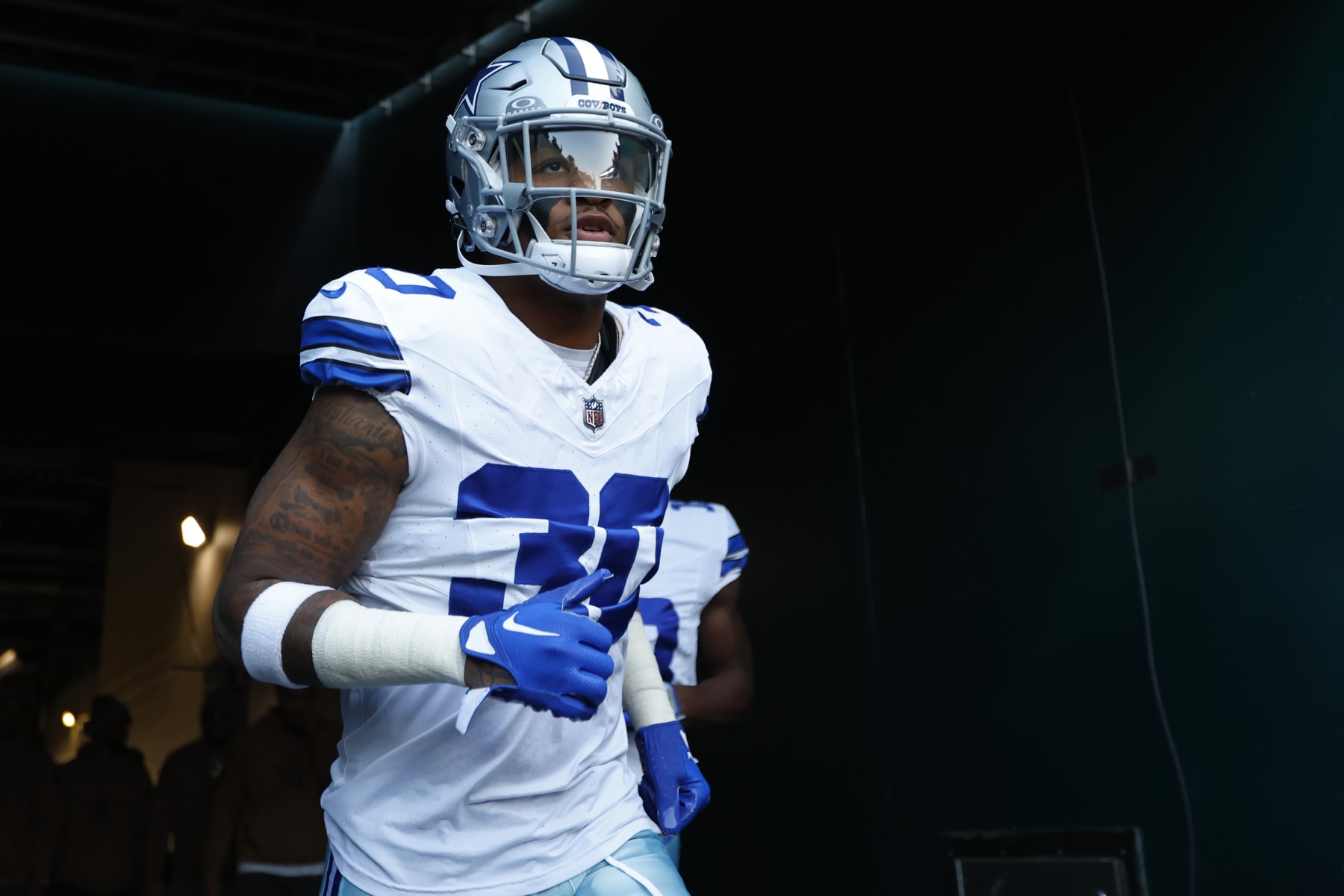 Dallas Cowboys safety Juanyeh Thomas (30) runs onto the field before an NFL football game against the Philadelphia Eagles, Sunday, Nov. 5, 2023, in Philadelphia. (AP Photo/Rich Schultz)