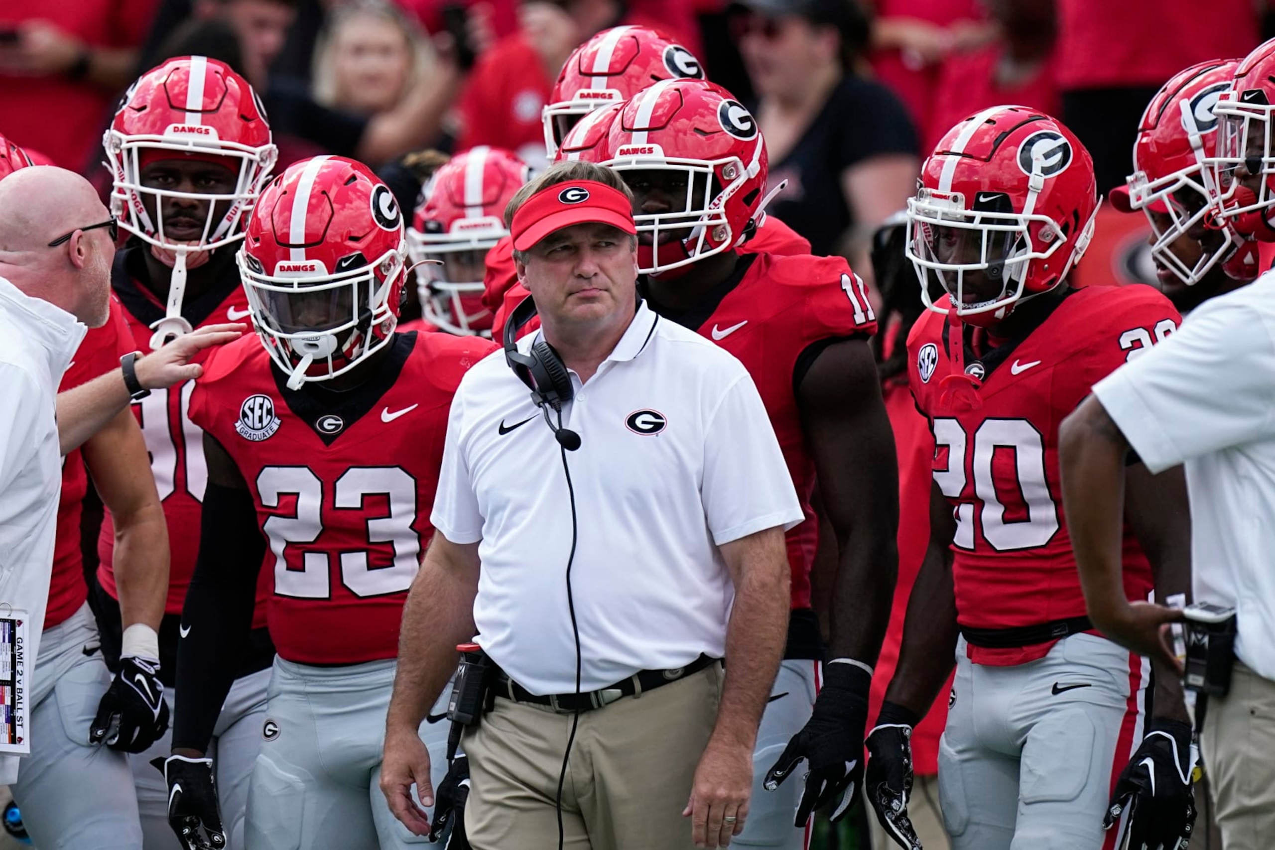 Georgia head coach Kirby Smart is shown before an NCAA college football game against Ball State Saturday, Sept. 9, 2023, in Athens, Ga. (AP Photo/John Bazemore)