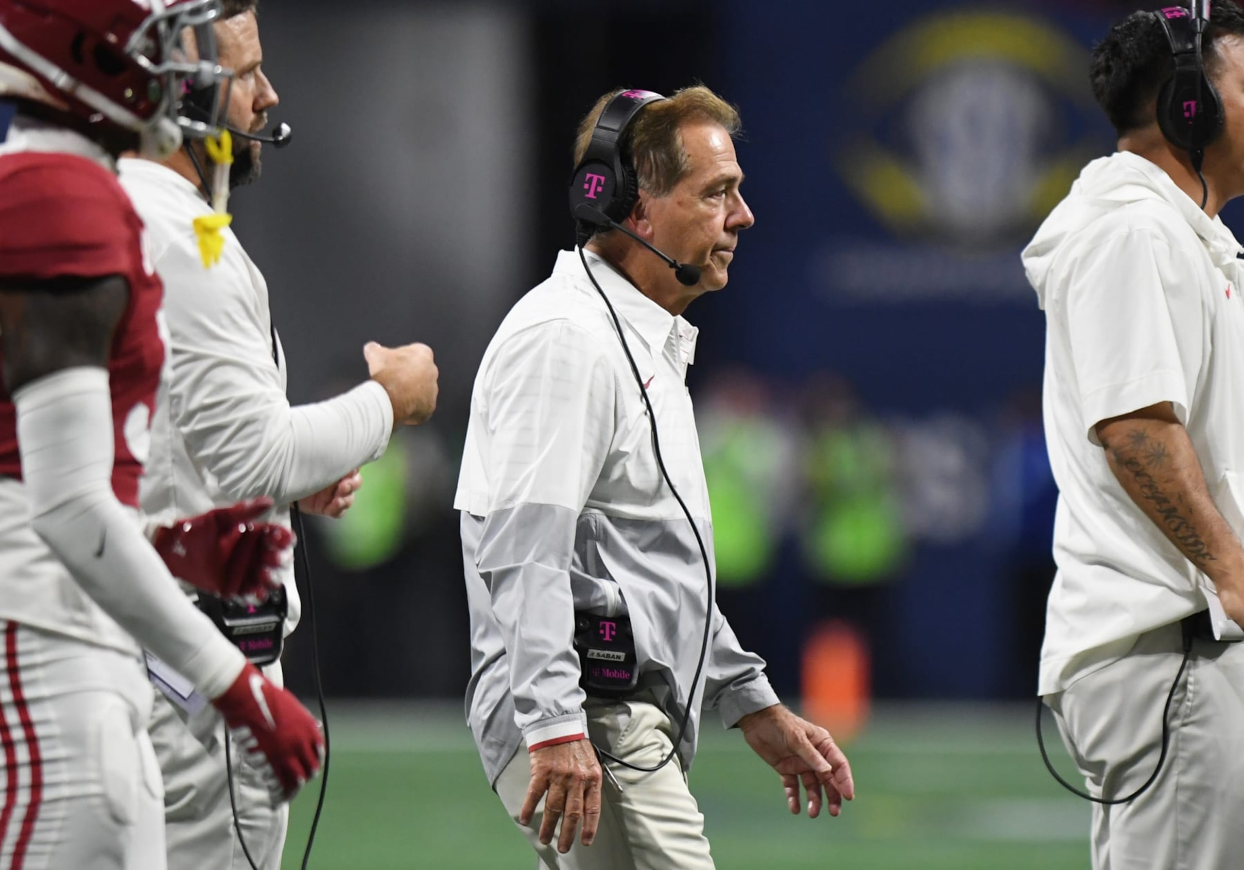 ATLANTA, GA - DECEMBER 02: Alabama Crimson Tide Head Coach Nick Saban looks on during the SEC Championship Game between the Georgia Bulldogs and the Alabama Crimson Tide on December 02, 2023, at Mercedes-Benz Stadium in Atlanta, GA. (Photo by Jeffrey Vest/Icon Sportswire via Getty Images)