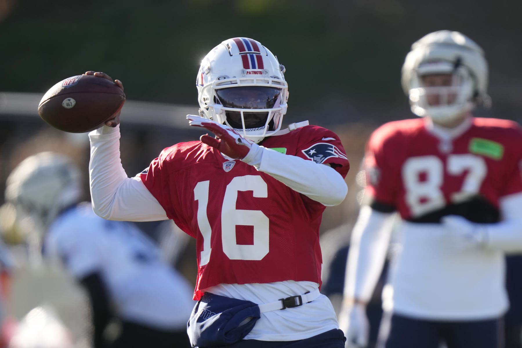 New England Patriots quarterback Malik Cunningham (16) winds up to throw a pass during an NFL football practice, Wednesday, Nov. 29, 2023, in Foxborough, Mass. (AP Photo/Steven Senne)