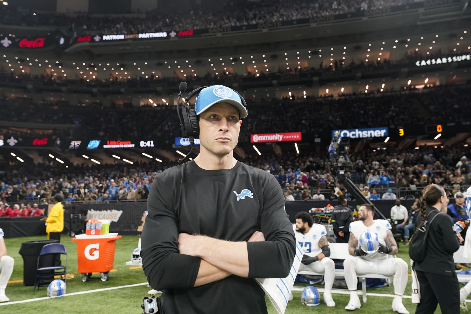 Detroit Lions offensive coordinator Ben Johnson stands on the sideline before an NFL football game against the New Orleans Saints in New Orleans, Sunday, Dec. 3, 2023. The Lions won 33-28. (AP Photo/Gerald Herbert)