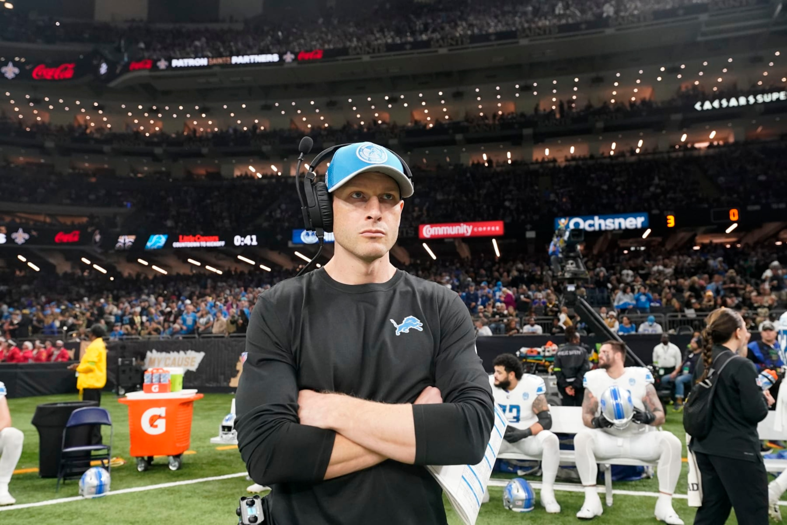 Detroit Lions offensive coordinator Ben Johnson stands on the sideline before an NFL football game against the New Orleans Saints in New Orleans, Sunday, Dec. 3, 2023. The Lions won 33-28. (AP Photo/Gerald Herbert)