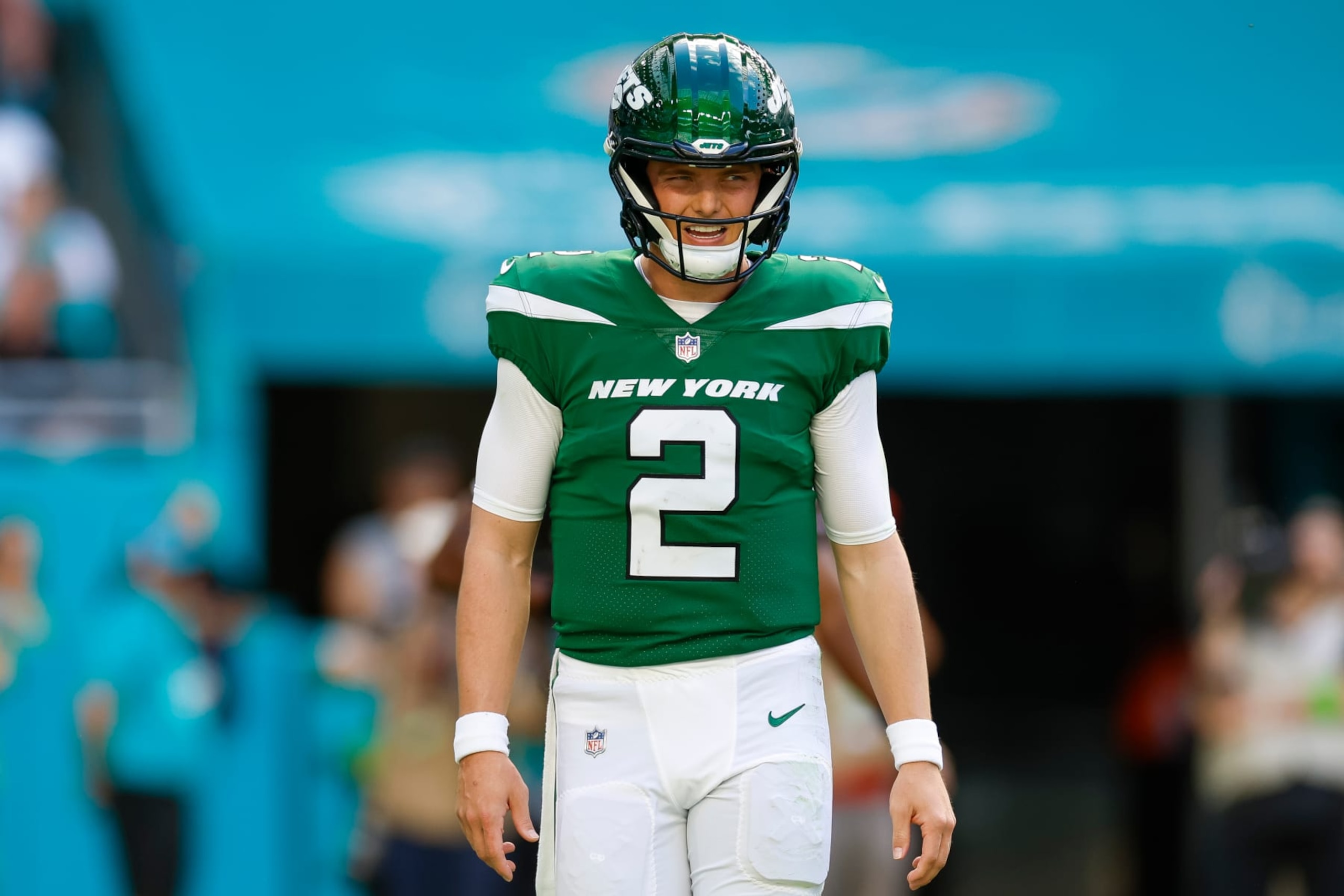 MIAMI GARDENS, FLORIDA - DECEMBER 17: Zach Wilson #2 of the New York Jets reacts in the first half during a game against the Miami Dolphins at Hard Rock Stadium on December 17, 2023 in Miami Gardens, Florida. (Photo by Brandon Sloter/Image Of Sport/Getty Images) MIAMI GARDENS, FLORIDA - DECEMBER 17: Zach Wilson #2 of the New York Jets reacts in the first half during a game against the Miami Dolphins at Hard Rock Stadium on December 17, 2023 in Miami Gardens, Florida. (Photo by Brandon Sloter/Image Of Sport/Getty Images)