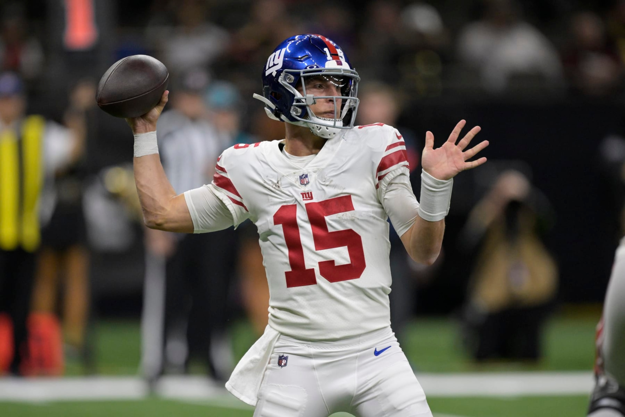 New York Giants quarterback Tommy DeVito (15) throws during an NFL football game against the New Orleans Saints in New Orleans, Sunday, Dec. 17, 2023. (AP Photo/Matthew Hinton) New York Giants quarterback Tommy DeVito (15) throws during an NFL football game against the New Orleans Saints in New Orleans, Sunday, Dec. 17, 2023. (AP Photo/Matthew Hinton)