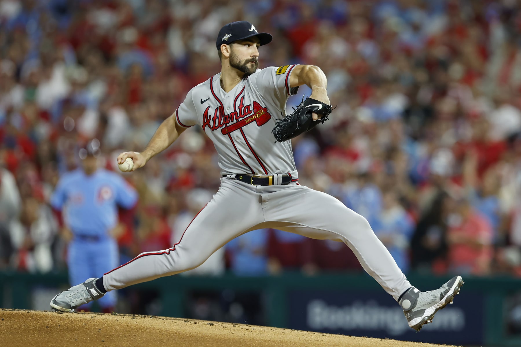 PHILADELPHIA, PENNSYLVANIA - OCTOBER 12: Spencer Strider #99 of the Atlanta Braves pitches in the first inning against the Philadelphia Phillies during Game Four of the Division Series at Citizens Bank Park on October 12, 2023 in Philadelphia, Pennsylvania. (Photo by Rich Schultz/Getty Images)