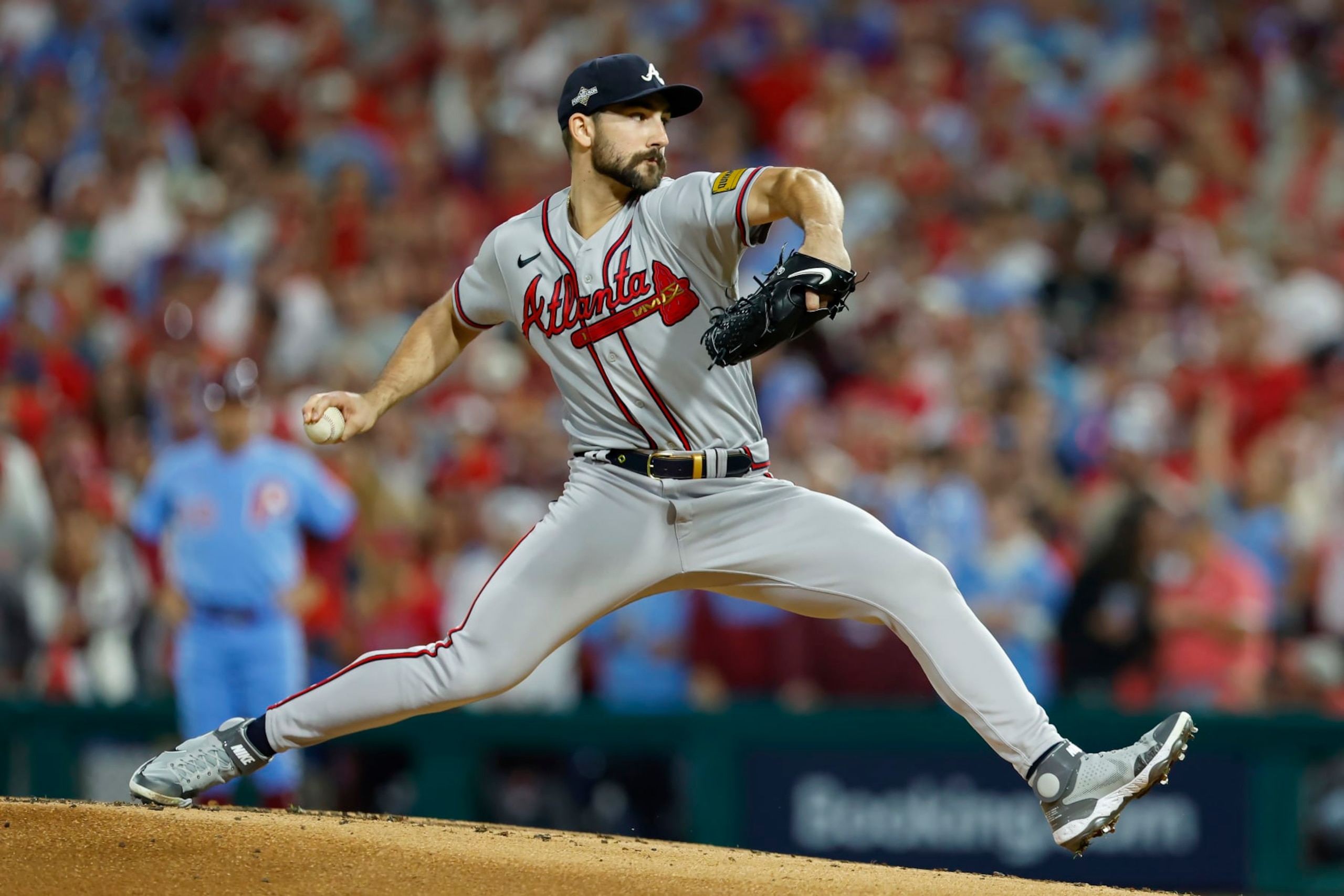 PHILADELPHIA, PENNSYLVANIA - OCTOBER 12: Spencer Strider #99 of the Atlanta Braves pitches in the first inning against the Philadelphia Phillies during Game Four of the Division Series at Citizens Bank Park on October 12, 2023 in Philadelphia, Pennsylvania. (Photo by Rich Schultz/Getty Images)