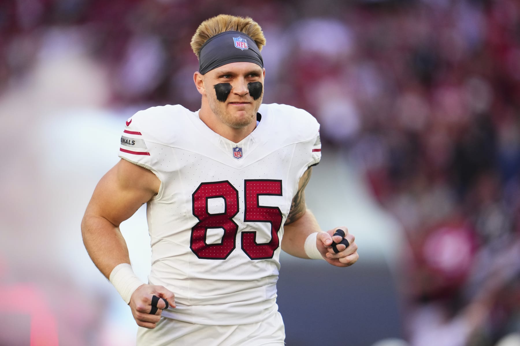 GLENDALE, AZ - DECEMBER 17: Trey McBride #85 of the Arizona Cardinals takes the field before kickoff against the San Francisco 49ers at State Farm Stadium on December 17, 2023 in Glendale, Arizona. (Photo by Cooper Neill/Getty Images)