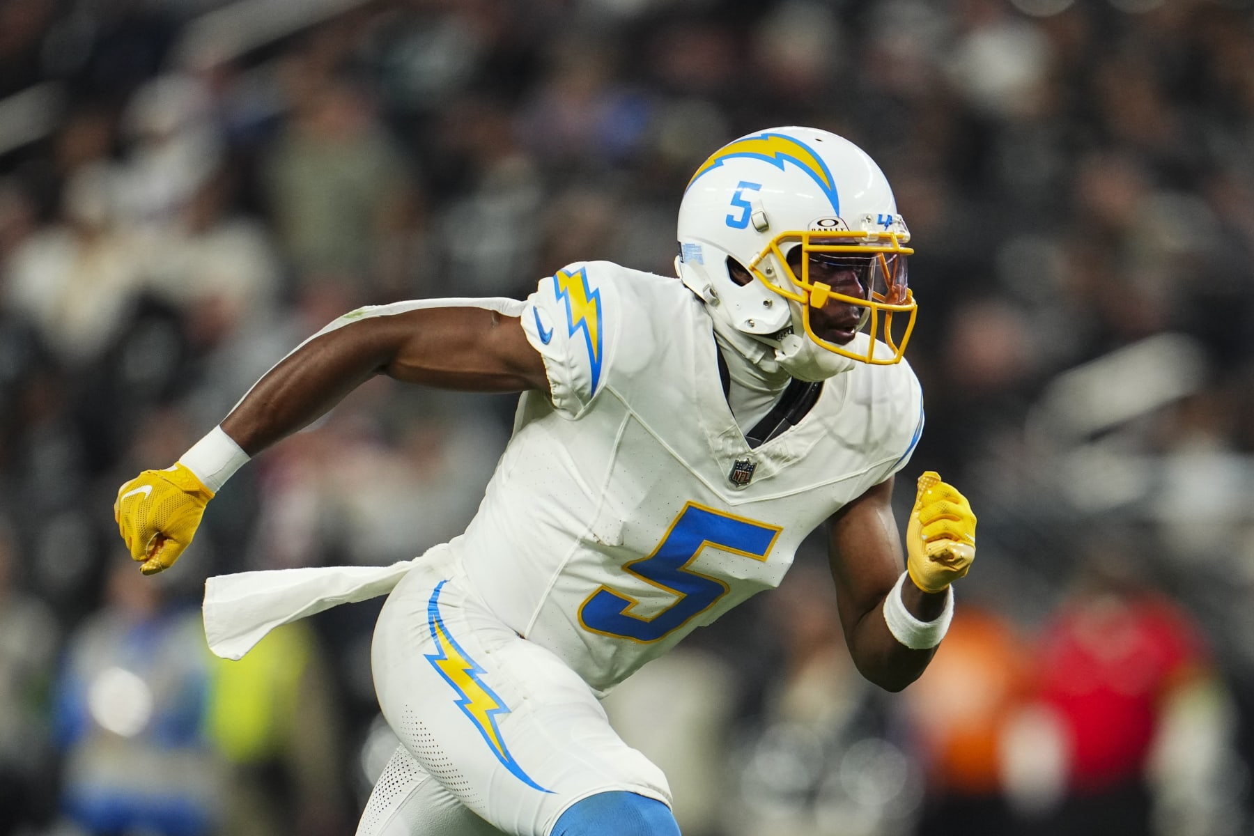 LAS VEGAS, NV - DECEMBER 14: Joshua Palmer #5 of the Los Angeles Chargers runs a route during an NFL football game against the Las Vegas Raiders at Allegiant Stadium on December 14, 2023 in Las Vegas, Nevada. (Photo by Cooper Neill/Getty Images)