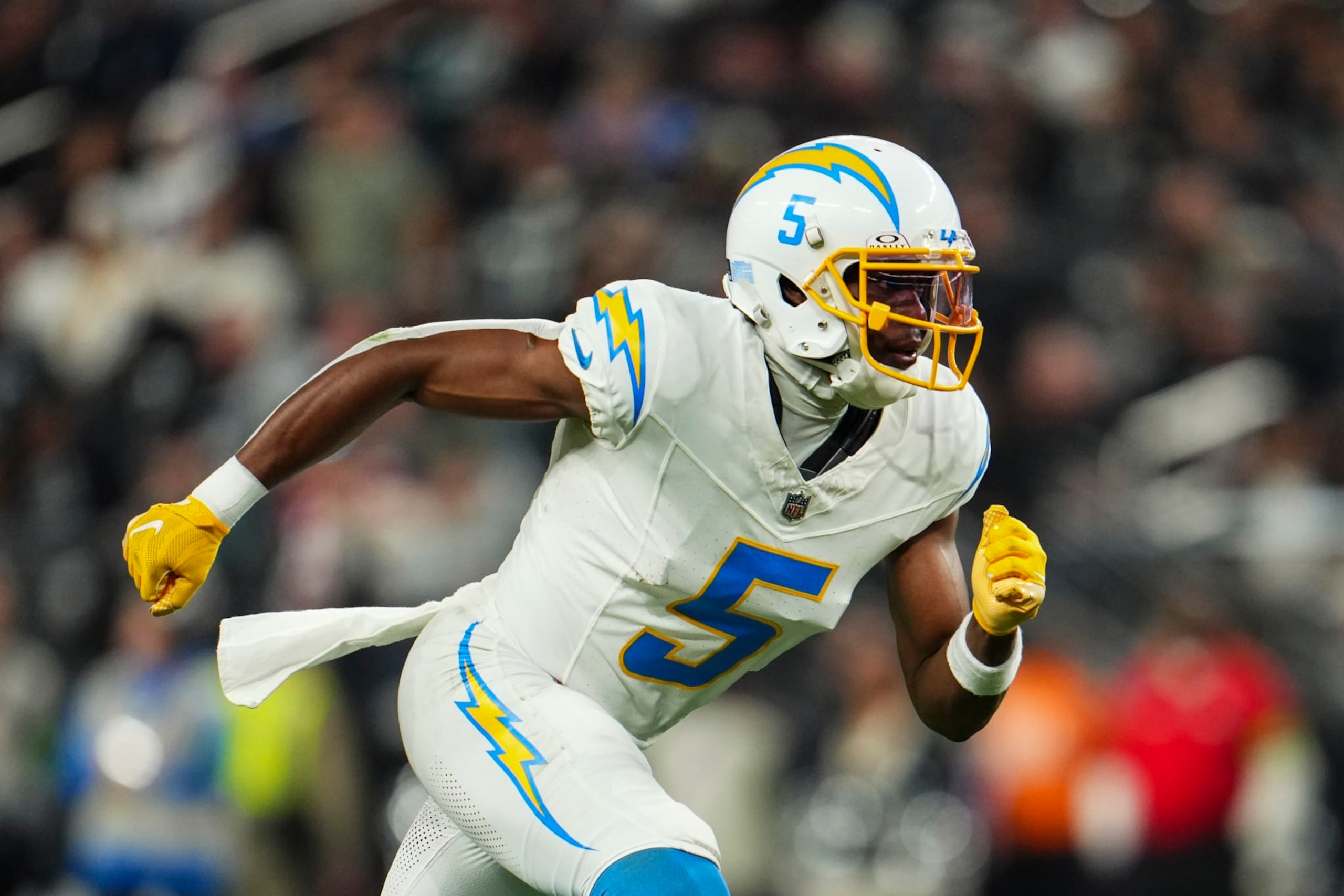 LAS VEGAS, NV - DECEMBER 14: Joshua Palmer #5 of the Los Angeles Chargers runs a route during an NFL football game against the Las Vegas Raiders at Allegiant Stadium on December 14, 2023 in Las Vegas, Nevada. (Photo by Cooper Neill/Getty Images) LAS VEGAS, NV - DECEMBER 14: Joshua Palmer #5 of the Los Angeles Chargers runs a route during an NFL football game against the Las Vegas Raiders at Allegiant Stadium on December 14, 2023 in Las Vegas, Nevada. (Photo by Cooper Neill/Getty Images)