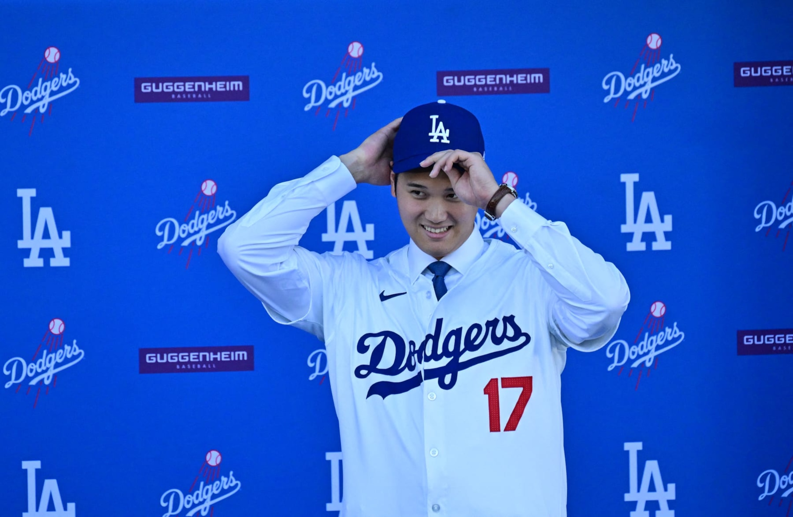 Japanese player Shohei Ohtani takes part in a press conference at Dodgers Stadium in Los Angeles on December 14, 2023. Ohtani has signed a record-shattering $700 million deal with the Los Angeles Dodgers, the richest in North American sports history. (Photo by Frederic J. Brown / AFP) (Photo by FREDERIC J. BROWN/AFP via Getty Images)