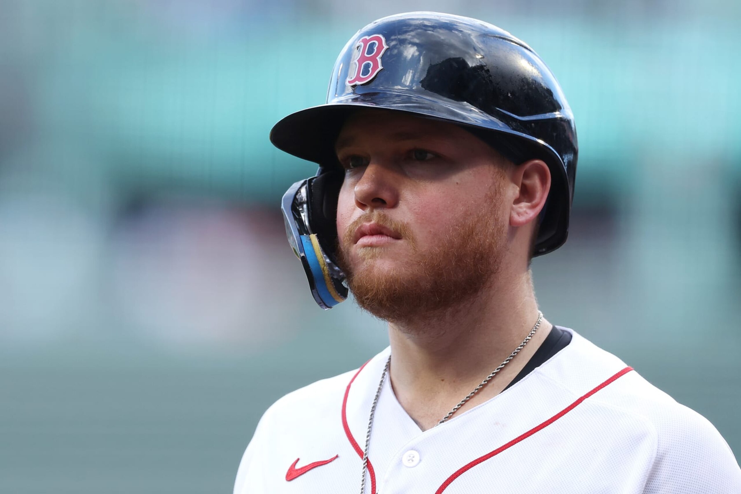 BOSTON, MASSACHUSETTS - SEPTEMBER 12: Alex Verdugo #99 of the Boston Red Sox looks on from the on deck circle during the ninth inning against the New York Yankees at Fenway Park on September 12, 2023 in Boston, Massachusetts. The Yankees defeat the Red Sox 3-2.  (Photo by Maddie Meyer/Getty Images)