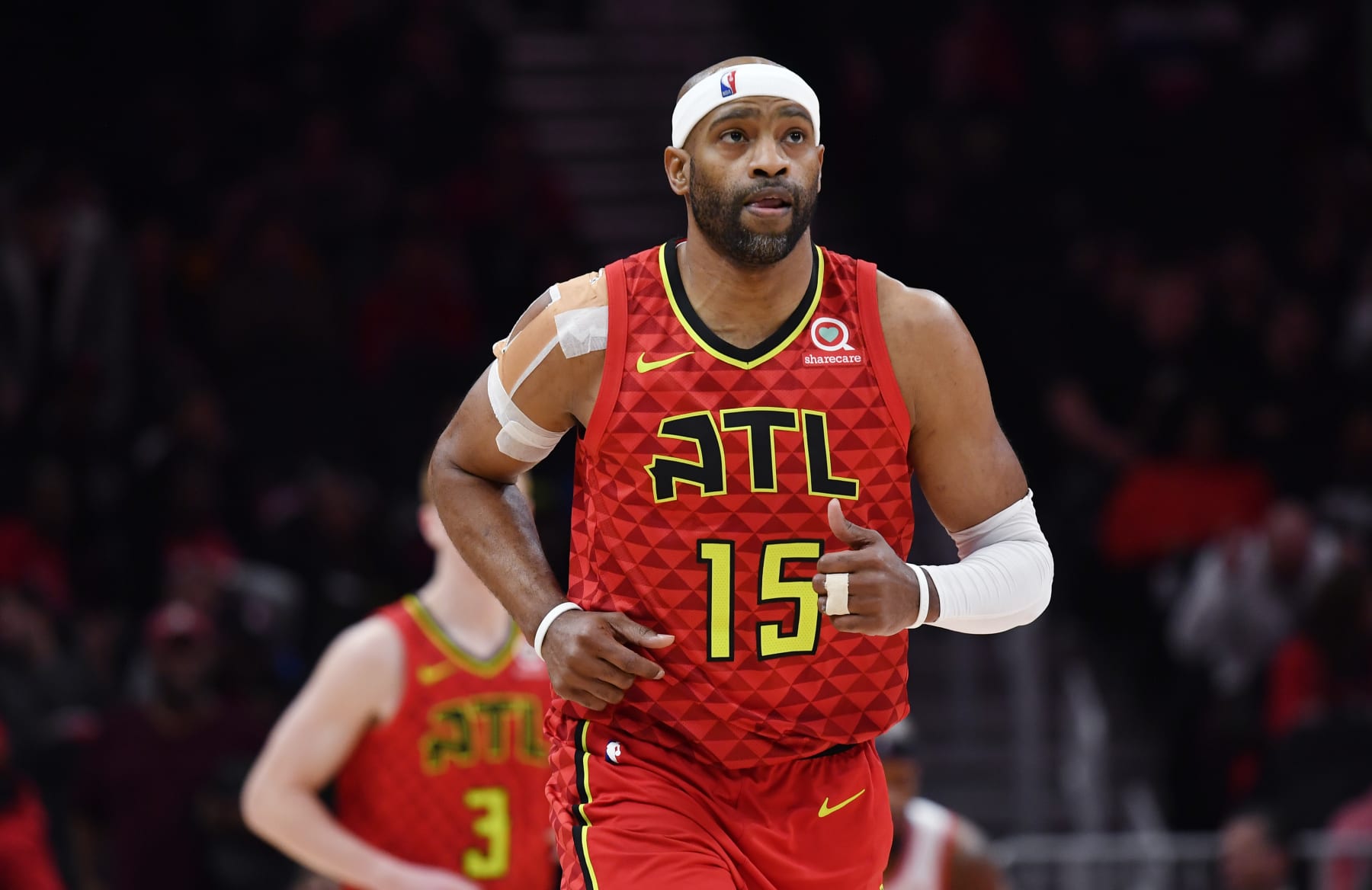 Atlanta Hawks forward Vince Carter is shown during the second half of an NBA basketball game against the Toronto Raptors, Wednesday, Nov. 21, 2018, in Atlanta. (AP Photo/John Amis)