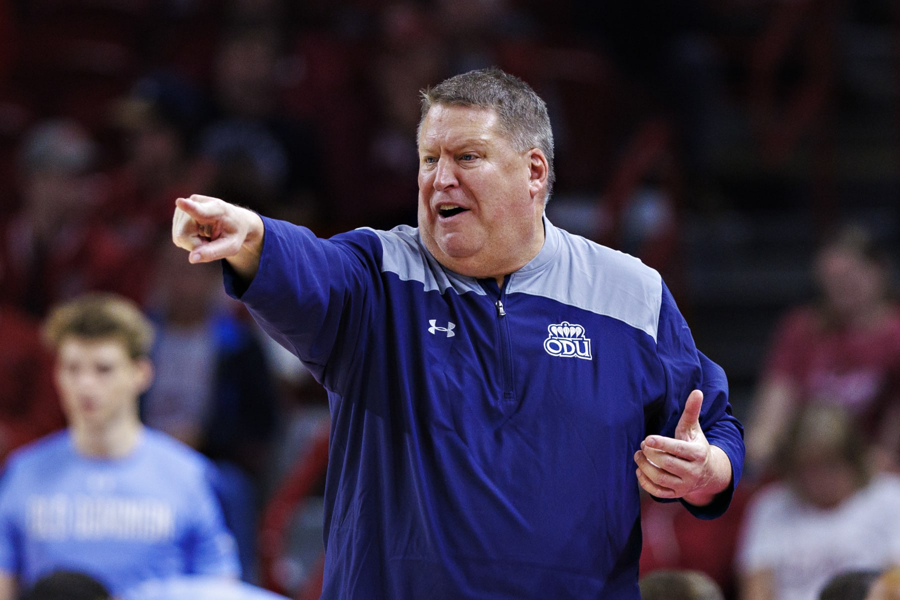 FAYETTEVILLE, ARKANSAS - NOVEMBER 13:  Head Coach Jeff Jones of the Old Dominion Monarchs yells to his team during the game against the Arkansas Razorbacks at Bud Walton Arena on November 13, 2023 in Fayetteville, Arkansas. The Razorbacks defeated the Monarchs 86-77.  (Photo by Wesley Hitt/Getty Images)