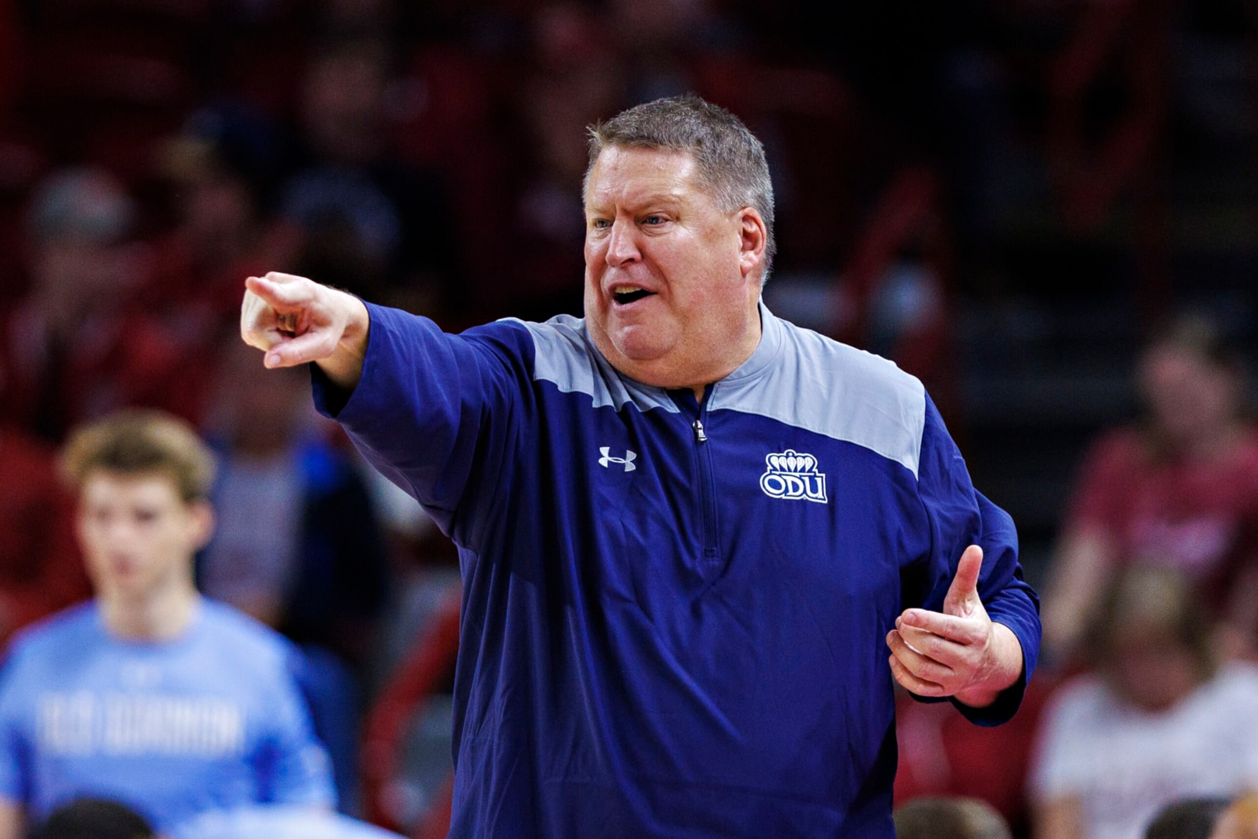 FAYETTEVILLE, ARKANSAS - NOVEMBER 13:  Head Coach Jeff Jones of the Old Dominion Monarchs yells to his team during the game against the Arkansas Razorbacks at Bud Walton Arena on November 13, 2023 in Fayetteville, Arkansas. The Razorbacks defeated the Monarchs 86-77.  (Photo by Wesley Hitt/Getty Images)