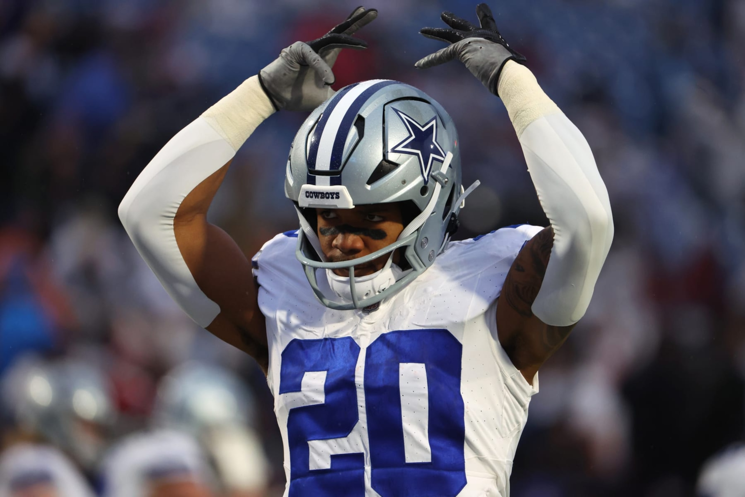 ORCHARD PARK, NEW YORK - DECEMBER 17: Tony Pollard #20 of the Dallas Cowboys on the field before game against the Buffalo Bills at Highmark Stadium on December 17, 2023 in Orchard Park, New York. (Photo by Timothy T Ludwig/Getty Images)