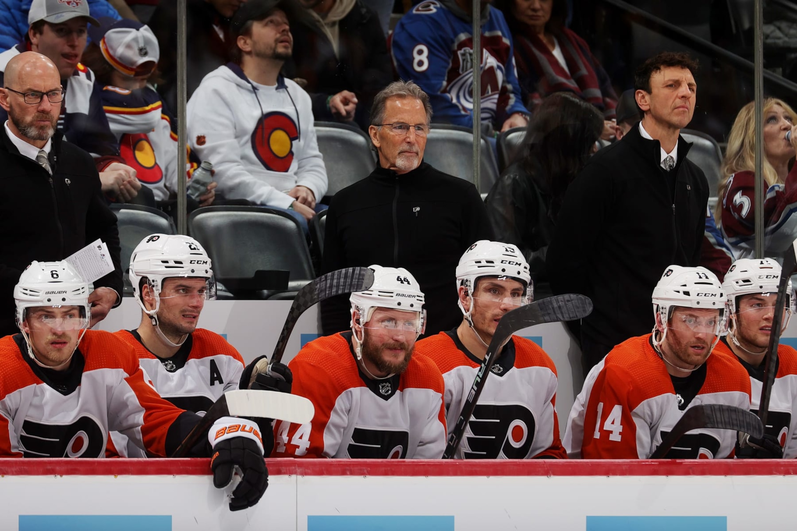 DENVER, COLORADO - DECEMBER 09: Head coach of the Philadelphia Flyers John Tortorella (middle) looks on during the third period against the Colorado Avalanche at Ball Arena on December 9, 2023 in Denver, Colorado. (Photo by Michael Martin/NHLI via Getty Images)