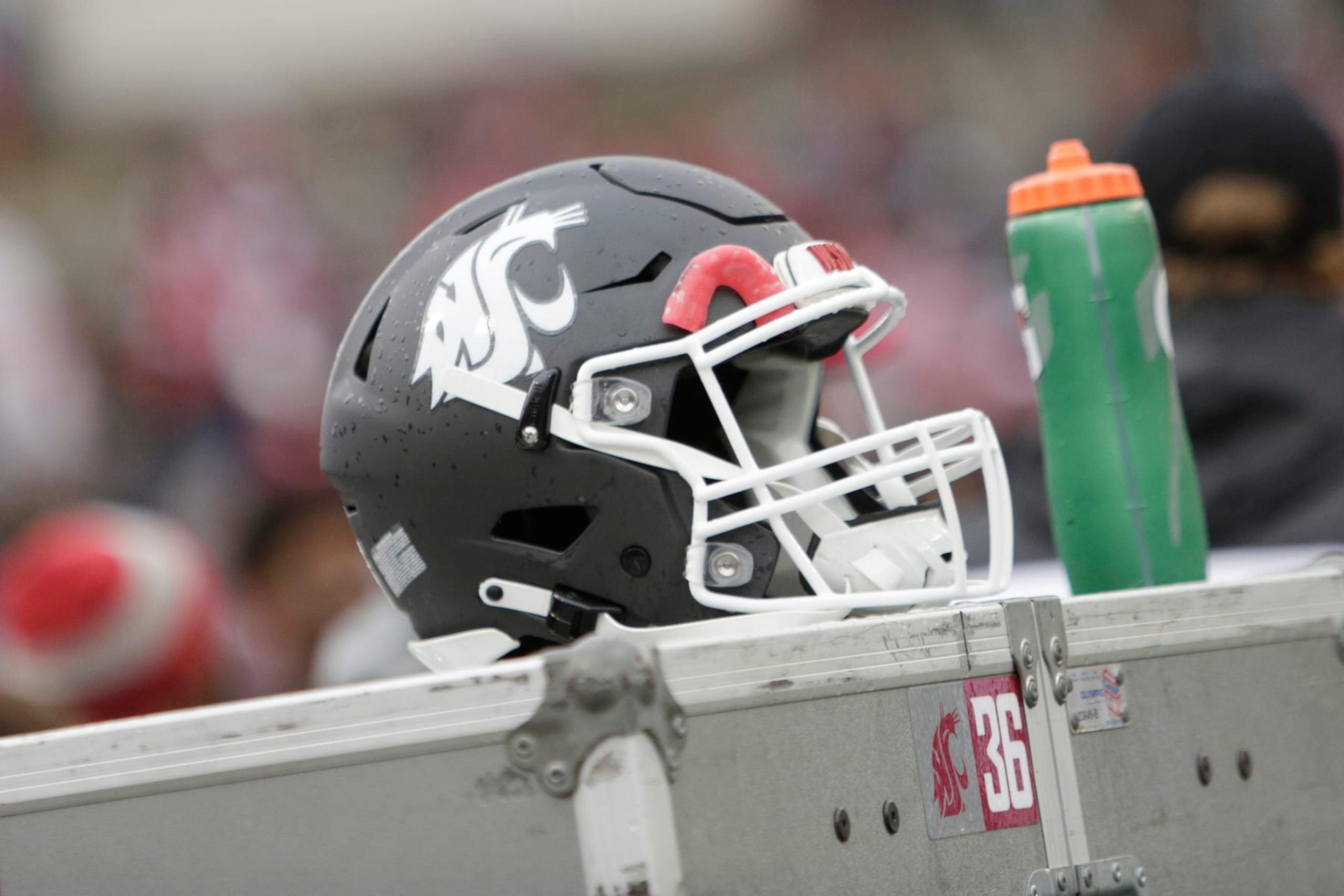 A Washington State helmet is photographed during the second half of an NCAA college football game between Washington State and Southern California, Saturday, Sept. 18, 2021, in Pullman, Wash. (AP Photo/Young Kwak)