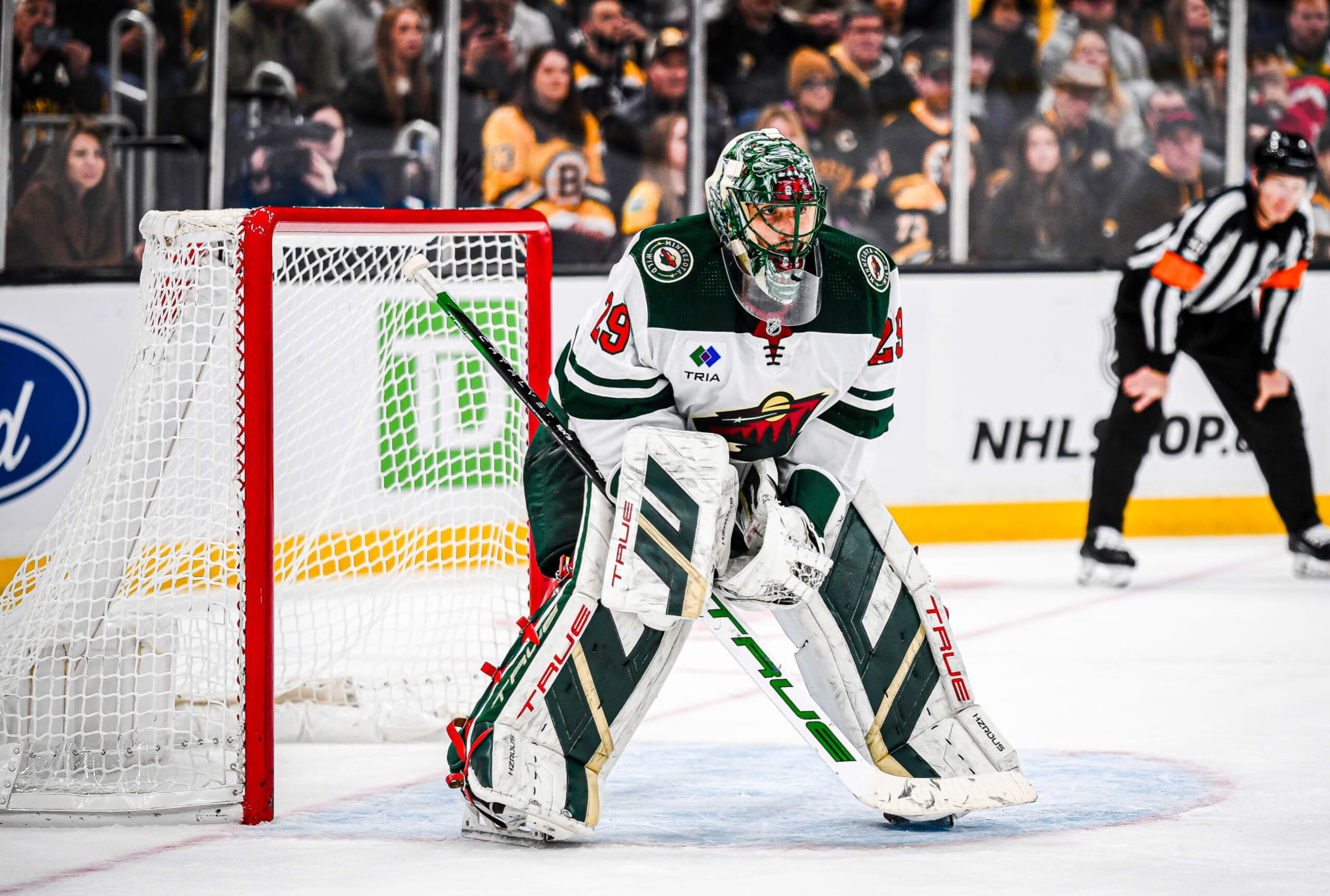 BOSTON, MASSACHUSETTS - DECEMBER 19: Marc-Andre Fleury #29 of the Minnesota Wild tends the net against the Boston Bruins during the third period at TD Garden on December 19, 2023 in Boston, Massachusetts. (Photo by China Wong/NHLI via Getty Images)