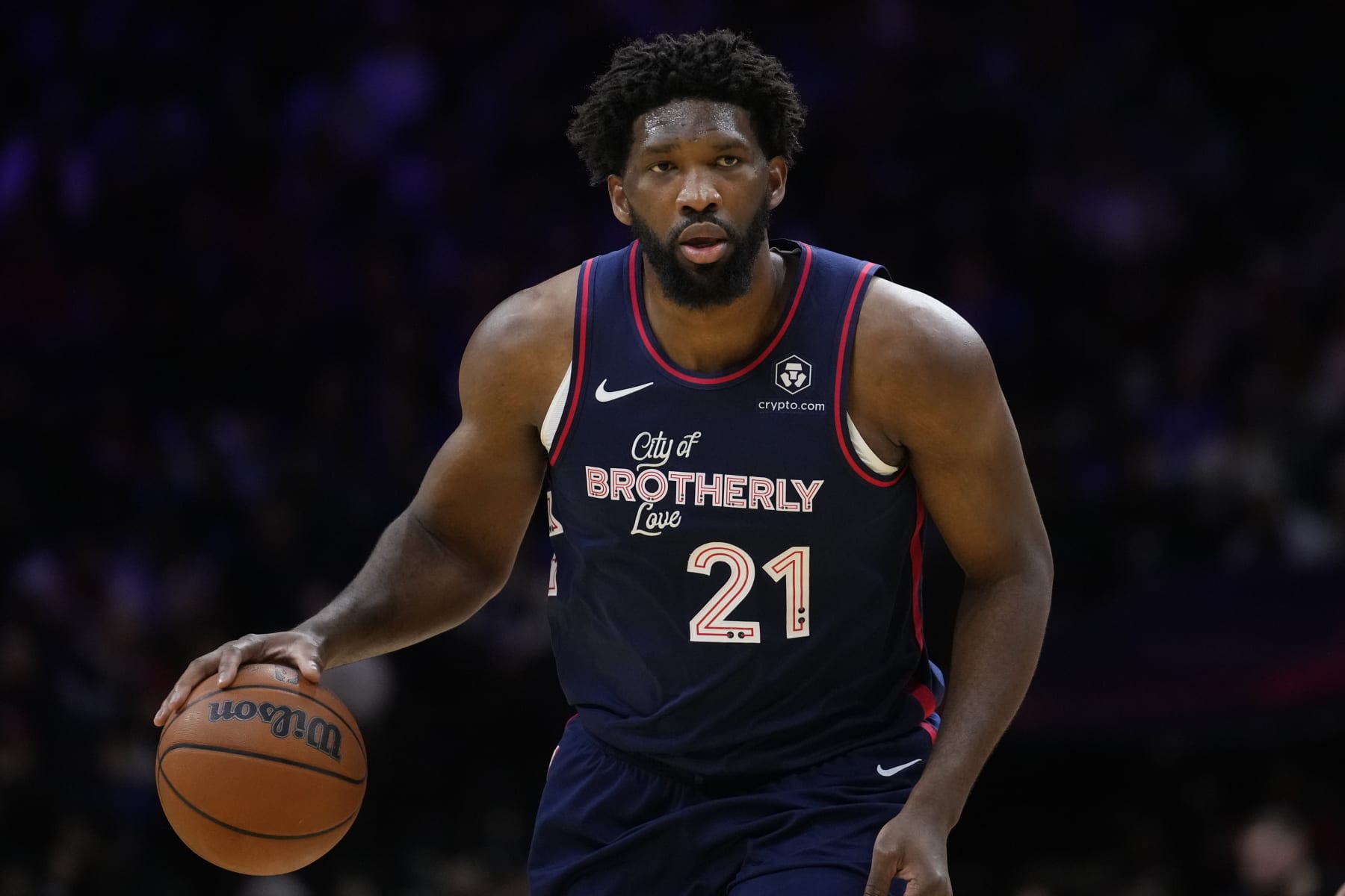Philadelphia 76ers' Joel Embiid plays during an NBA basketball game, Wednesday, Dec. 20, 2023, in Philadelphia. (AP Photo/Matt Slocum)