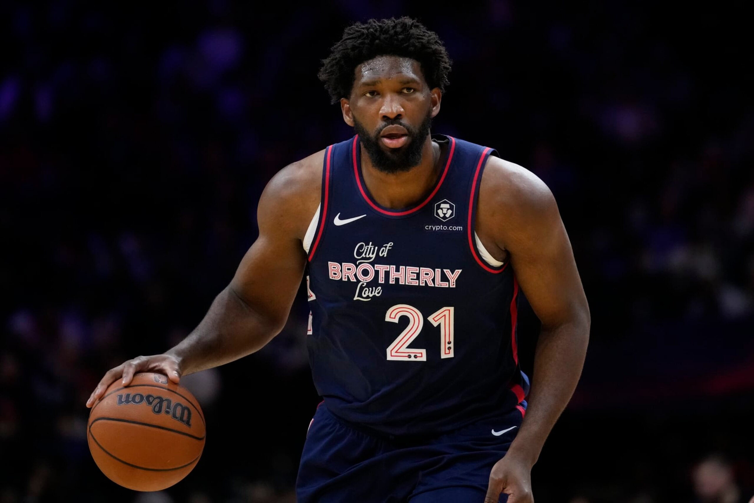 Philadelphia 76ers' Joel Embiid plays during an NBA basketball game, Wednesday, Dec. 20, 2023, in Philadelphia. (AP Photo/Matt Slocum)