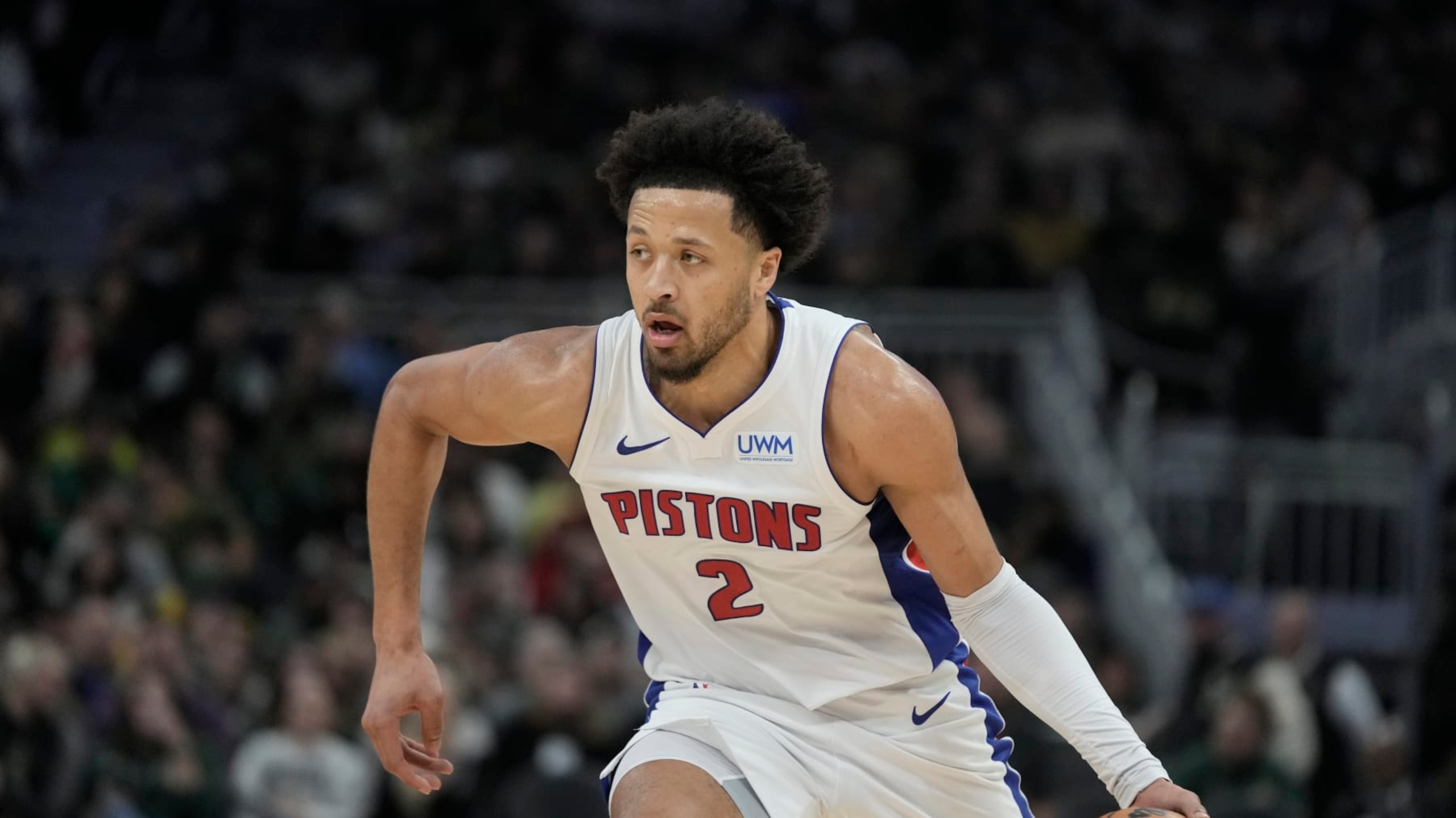 Detroit Pistons' Cade Cunningham during the second half of an NBA basketball game against the Milwaukee Bucks Saturday, Dec. 16, 2023, in Milwaukee. (AP Photo/Morry Gash)