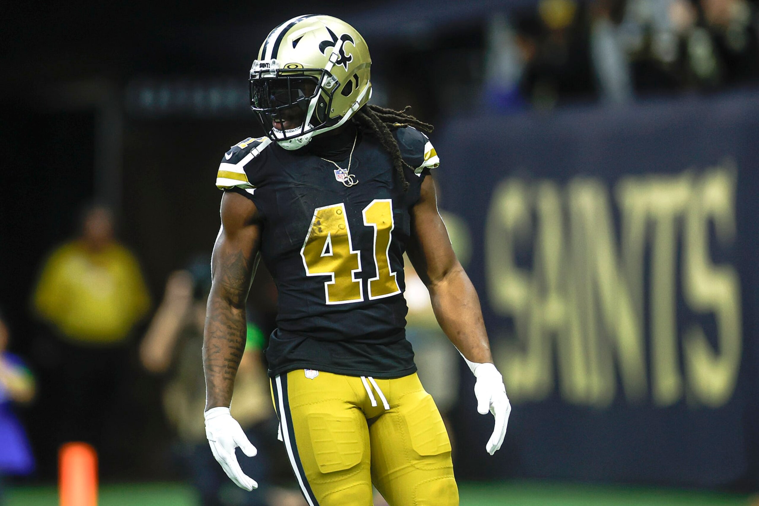 NEW ORLEANS, LOUISIANA - DECEMBER 10: Alvin Kamara #41 of the New Orleans Saints reacts after a touchdown during the second quarter against the Carolina Panthers at Caesars Superdome on December 10, 2023 in New Orleans, Louisiana. (Photo by Chris Graythen/Getty Images)