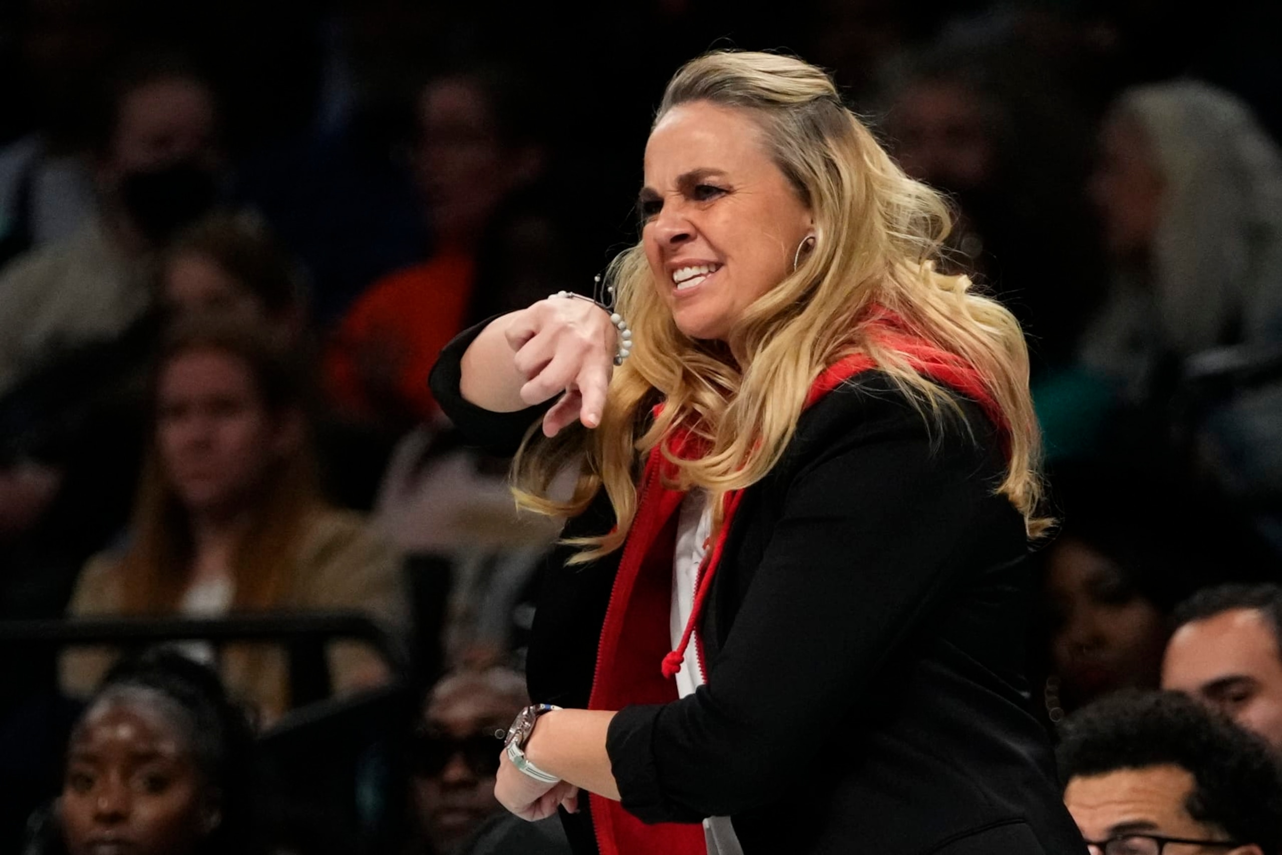 Las Vegas Aces head coach Becky Hammon calls out to her team during the second half in Game 4 of a WNBA basketball final playoff series against the New York Liberty Wednesday, Oct. 18, 2023, in New York. The Aces won 70-69. (AP Photo/Frank Franklin II) Las Vegas Aces head coach Becky Hammon calls out to her team during the second half in Game 4 of a WNBA basketball final playoff series against the New York Liberty Wednesday, Oct. 18, 2023, in New York. The Aces won 70-69. (AP Photo/Frank Franklin II)