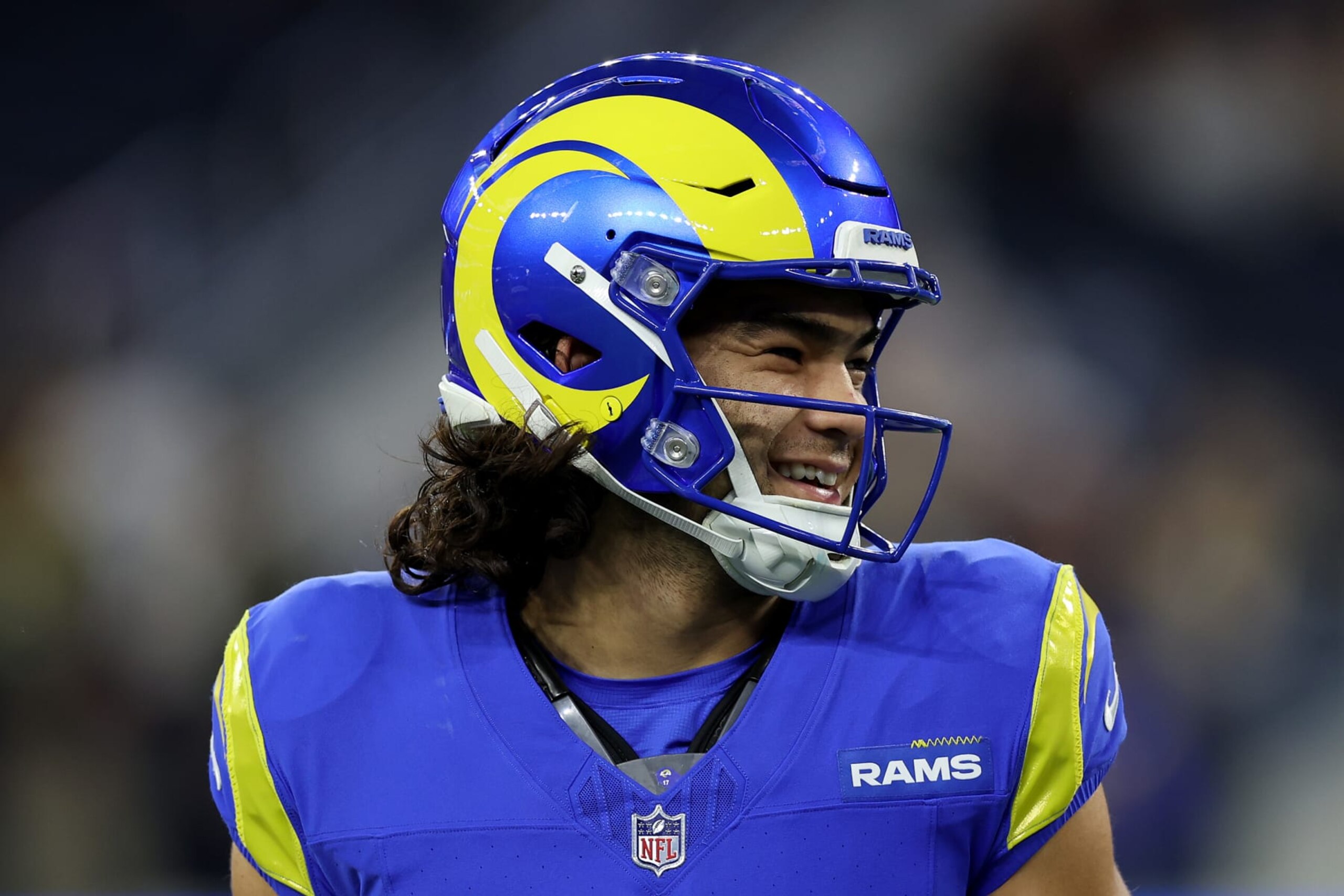 INGLEWOOD, CALIFORNIA - DECEMBER 21: Puka Nacua #17 of the Los Angeles Rams warms up prior to the game against the New Orleans Saints at SoFi Stadium on December 21, 2023 in Inglewood, California. (Photo by Katelyn Mulcahy/Getty Images)