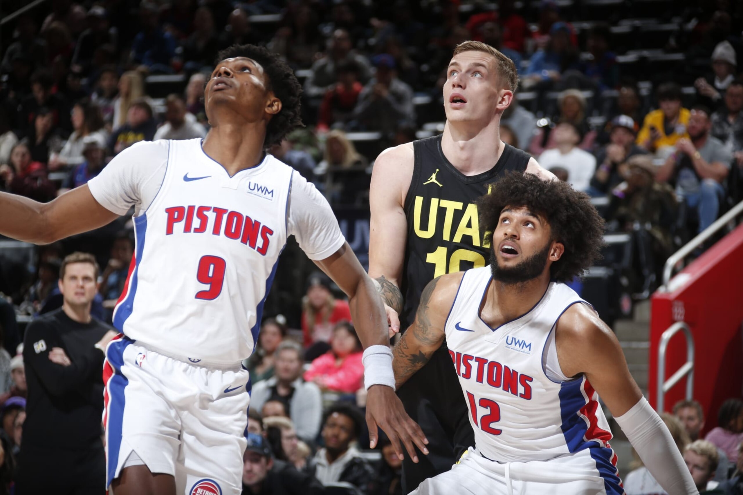 DETROIT, MI - DECEMBER 21: Isaiah Livers #12 of the Detroit Pistons boxes out during the game against the Utah Jazz on December 11, 2023 at Little Caesars Arena in Detroit, Michigan. NOTE TO USER: User expressly acknowledges and agrees that, by downloading and/or using this photograph, User is consenting to the terms and conditions of the Getty Images License Agreement. Mandatory Copyright Notice: Copyright 2023 NBAE (Photo by Brian Sevald/NBAE via Getty Images) DETROIT, MI - DECEMBER 21: Isaiah Livers #12 of the Detroit Pistons boxes out during the game against the Utah Jazz on December 11, 2023 at Little Caesars Arena in Detroit, Michigan. NOTE TO USER: User expressly acknowledges and agrees that, by downloading and/or using this photograph, User is consenting to the terms and conditions of the Getty Images License Agreement. Mandatory Copyright Notice: Copyright 2023 NBAE (Photo by Brian Sevald/NBAE via Getty Images)