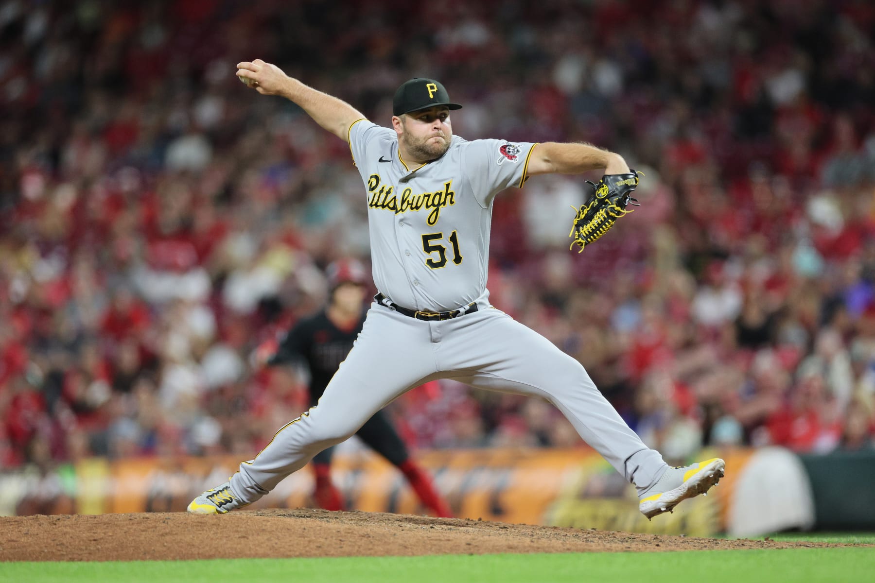 CINCINNATI, OHIO - SEPTEMBER 22: David Bednar #51 of the Pittsburgh Pirates against the  Cincinnati Reds at Great American Ball Park on September 22, 2023 in Cincinnati, Ohio. (Photo by Andy Lyons/Getty Images)