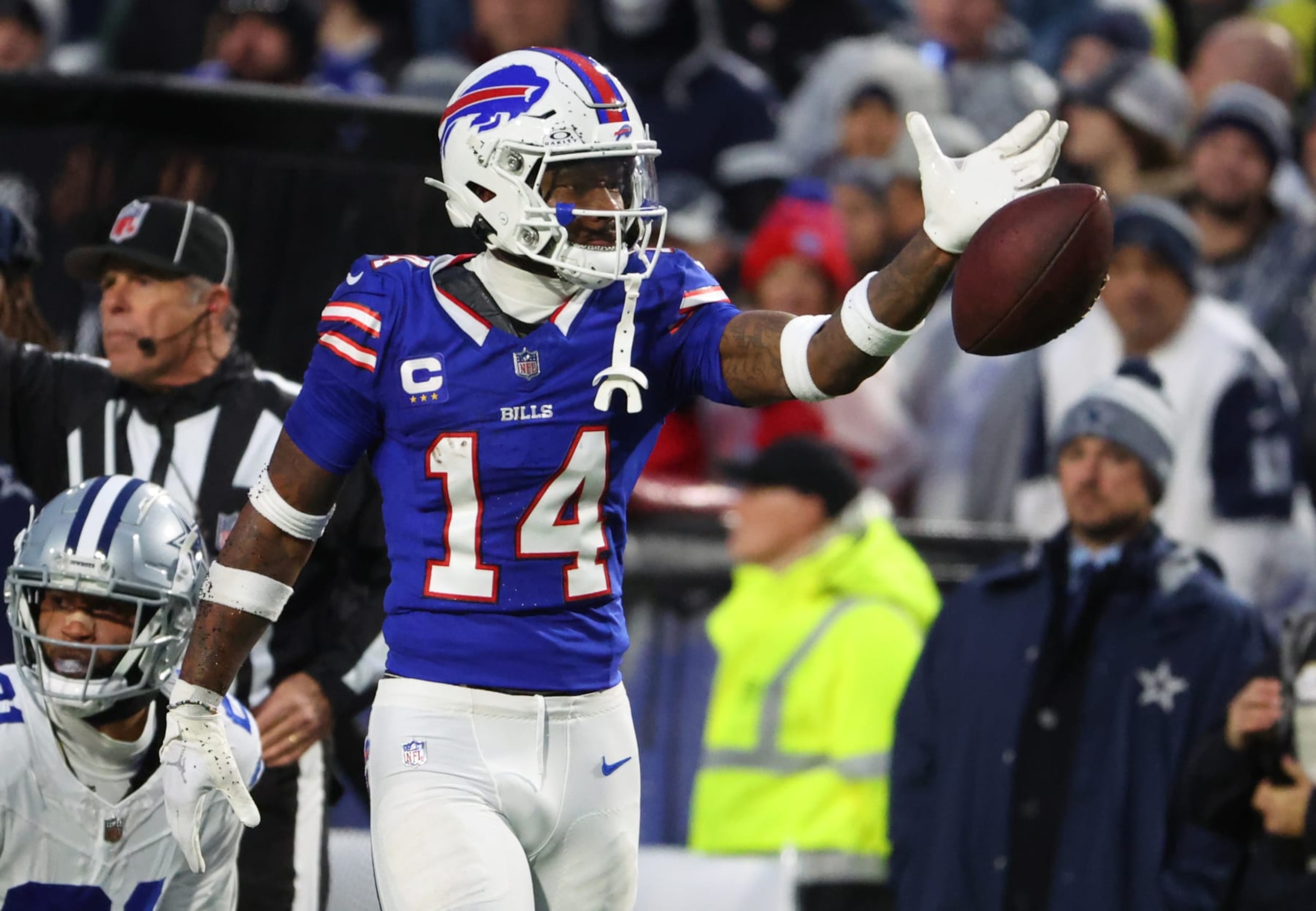 ORCHARD PARK, NEW YORK - DECEMBER 17: Stefon Diggs #14 of the Buffalo Bills reacts after making a first down against the Dallas Cowboys at Highmark Stadium on December 17, 2023 in Orchard Park, New York. (Photo by Timothy T Ludwig/Getty Images)