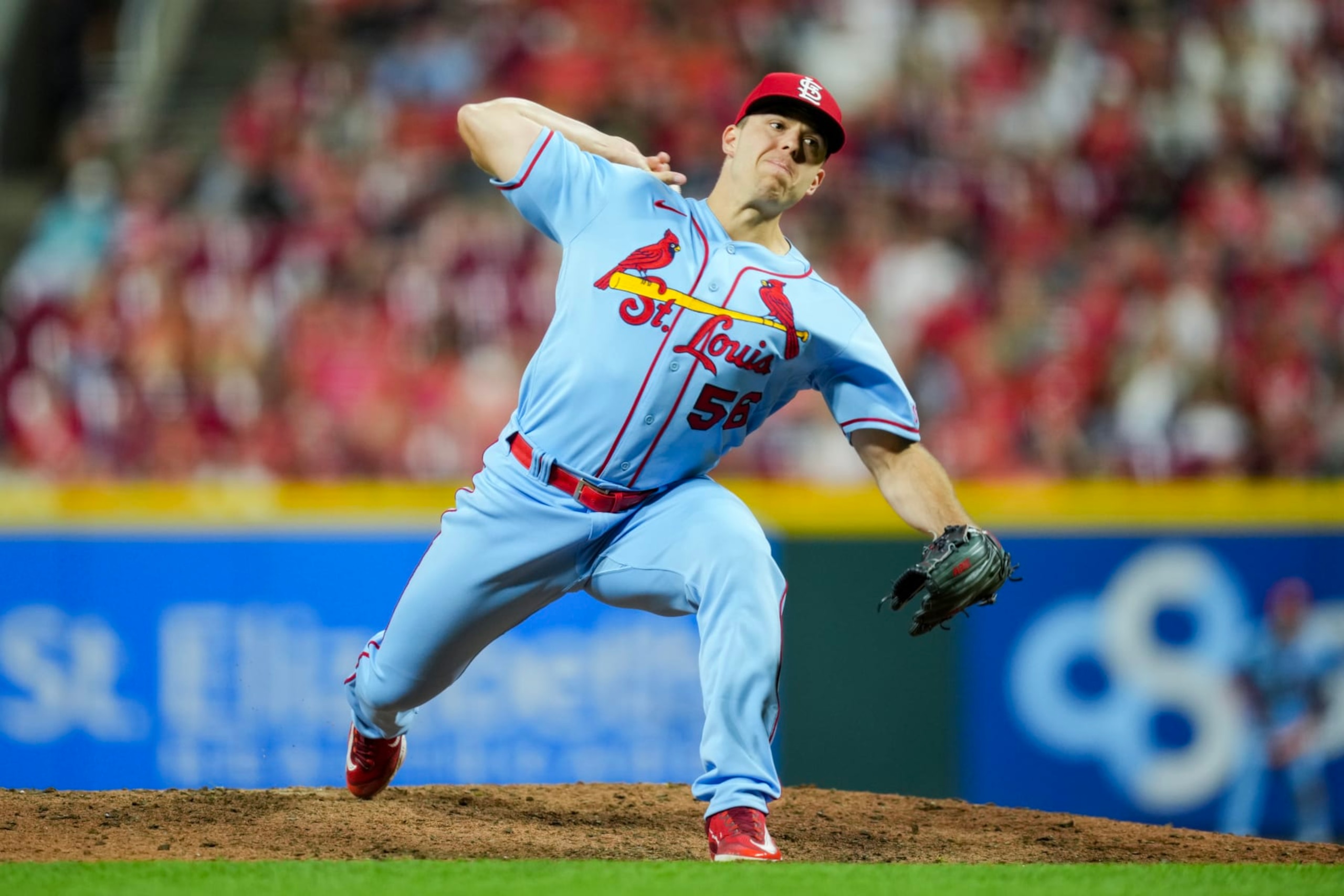 CINCINNATI, OHIO - SEPTEMBER 09: Ryan Helsley #56 of the St. Louis Cardinals throws against the Cincinnati Reds at Great American Ball Park on September 09, 2023 in Cincinnati, Ohio. (Photo by Aaron Doster/Getty Images)