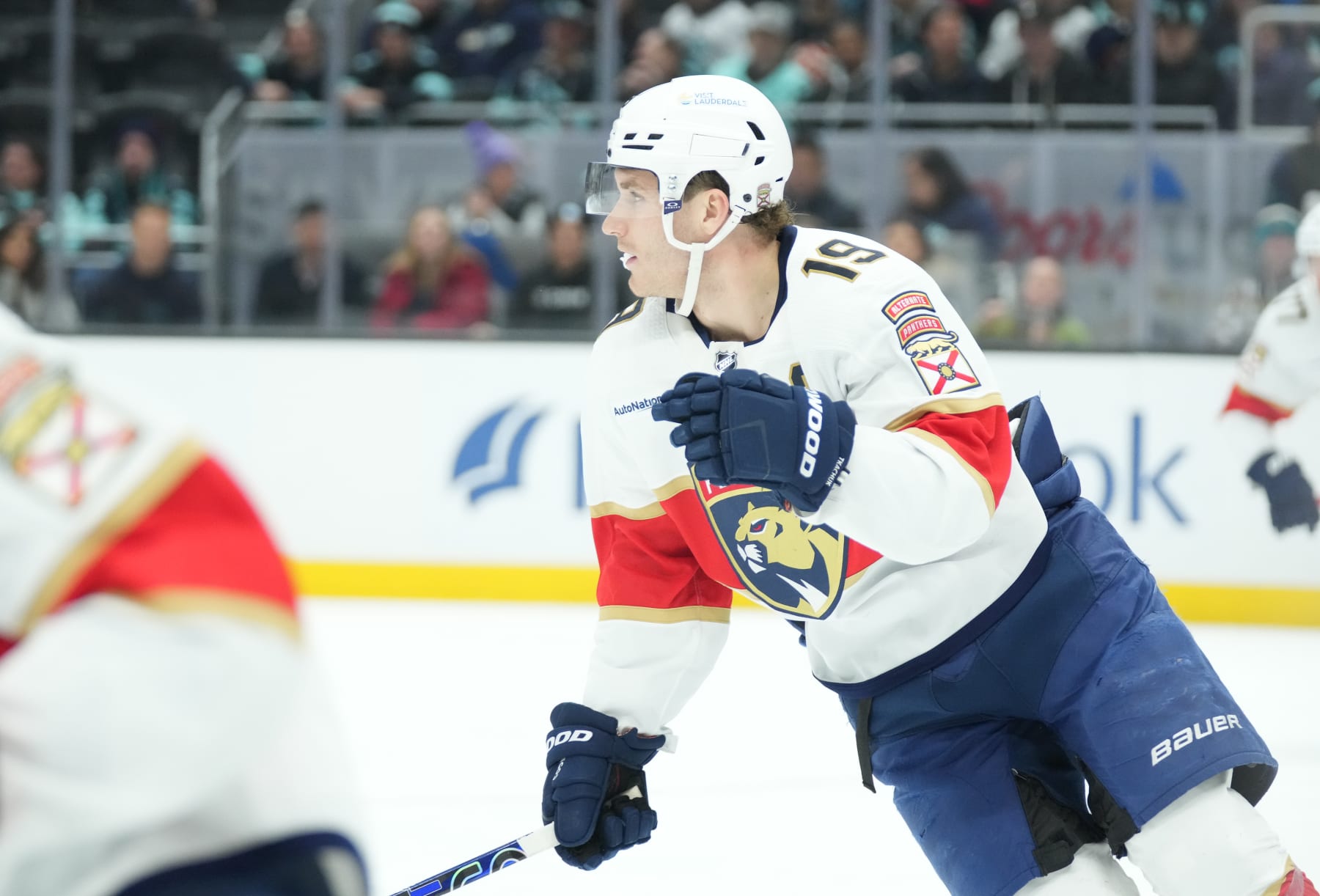 SEATTLE, WA - DECEMBER 12: Florida Panthers left wing Matthew Tkachuk (19) looks across the ice during an NHL game between the Seattle Kraken and the Florida Panthers on December 12, 2023 at Climate Pledge Arena in Seattle, WA. (Photo by Jeff Halstead/Icon Sportswire via Getty Images)