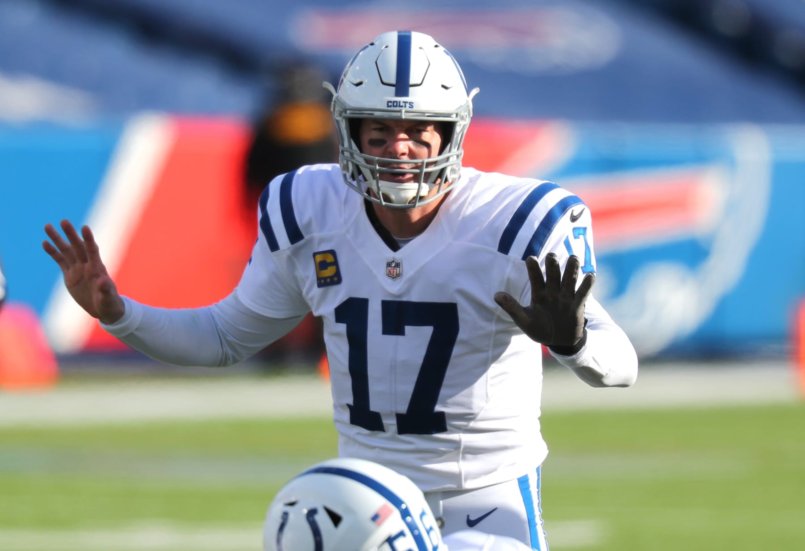ORCHARD PARK, NY - JANUARY 09: Philip Rivers #17 of the Indianapolis Colts calls a play against the Buffalo Bills at Bills Stadium on January 9, 2021 in Orchard Park, New York. (Photo by Timothy T Ludwig/Getty Images)
