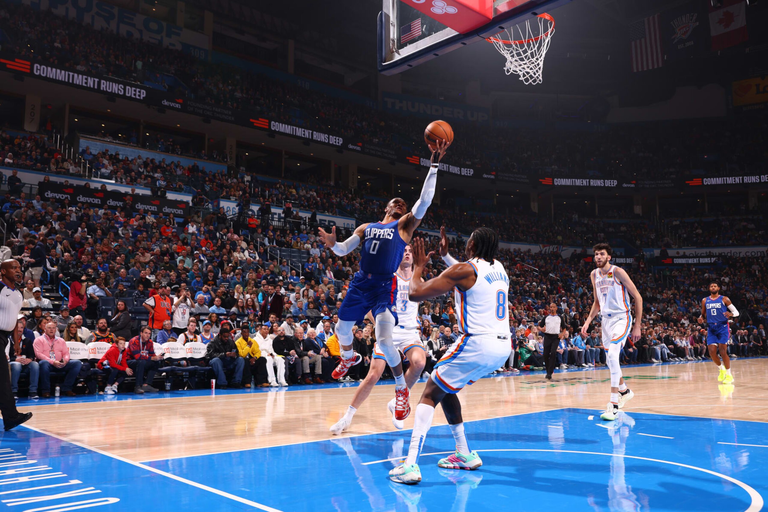 OKLAHOMA CITY, OK - DECEMBER 21: Russell Westbrook #0 of the LA Clippers shoots the ball during the game against the Oklahoma City Thunder on December 21, 2023 at Paycom Arena in Oklahoma City, Oklahoma. NOTE TO USER: User expressly acknowledges and agrees that, by downloading and or using this photograph, User is consenting to the terms and conditions of the Getty Images License Agreement. Mandatory Copyright Notice: Copyright 2023 NBAE (Photo by Zach Beeker/NBAE via Getty Images)