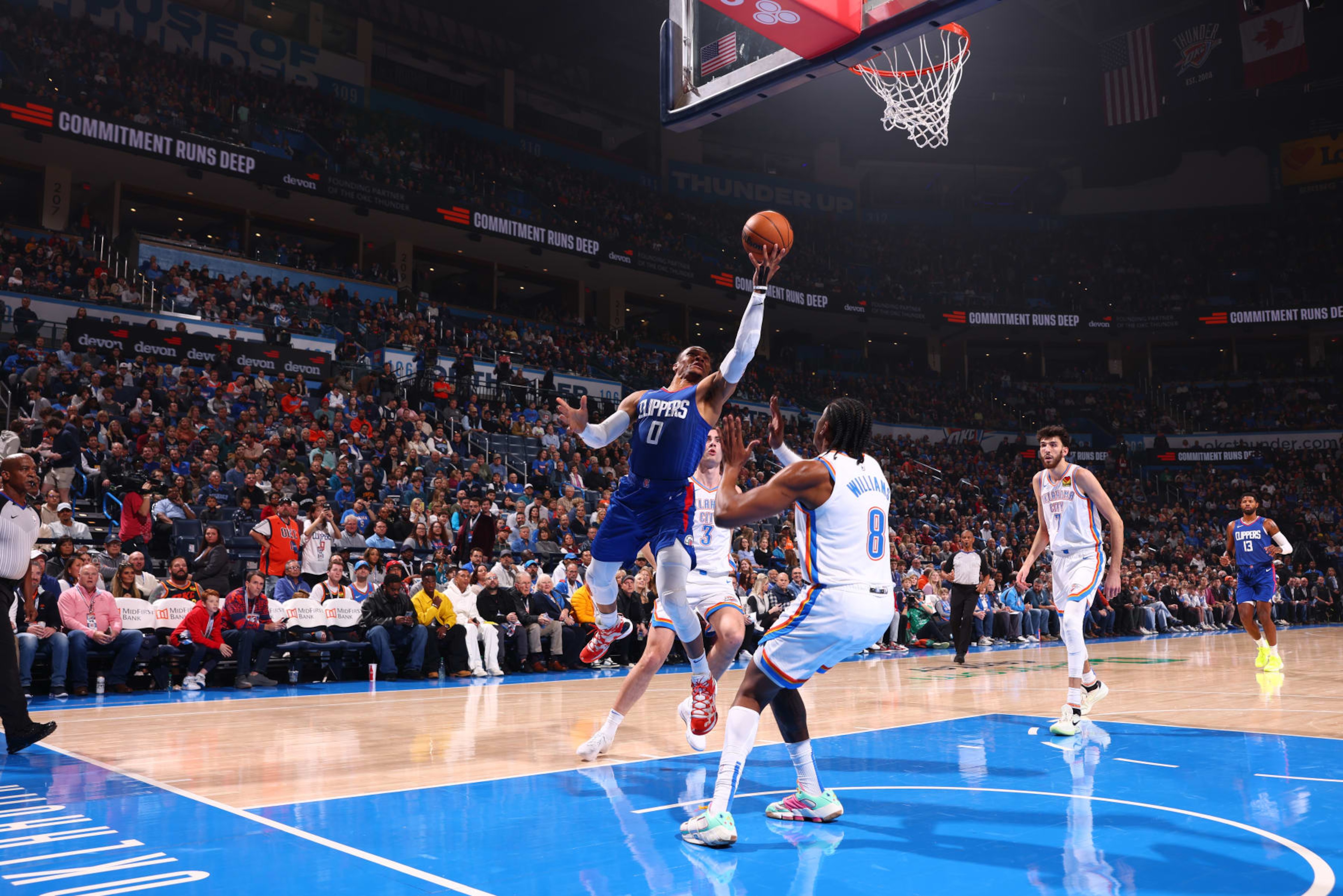 OKLAHOMA CITY, OK - DECEMBER 21: Russell Westbrook #0 of the LA Clippers shoots the ball during the game against the Oklahoma City Thunder on December 21, 2023 at Paycom Arena in Oklahoma City, Oklahoma. NOTE TO USER: User expressly acknowledges and agrees that, by downloading and or using this photograph, User is consenting to the terms and conditions of the Getty Images License Agreement. Mandatory Copyright Notice: Copyright 2023 NBAE (Photo by Zach Beeker/NBAE via Getty Images) OKLAHOMA CITY, OK - DECEMBER 21: Russell Westbrook #0 of the LA Clippers shoots the ball during the game against the Oklahoma City Thunder on December 21, 2023 at Paycom Arena in Oklahoma City, Oklahoma. NOTE TO USER: User expressly acknowledges and agrees that, by downloading and or using this photograph, User is consenting to the terms and conditions of the Getty Images License Agreement. Mandatory Copyright Notice: Copyright 2023 NBAE (Photo by Zach Beeker/NBAE via Getty Images)