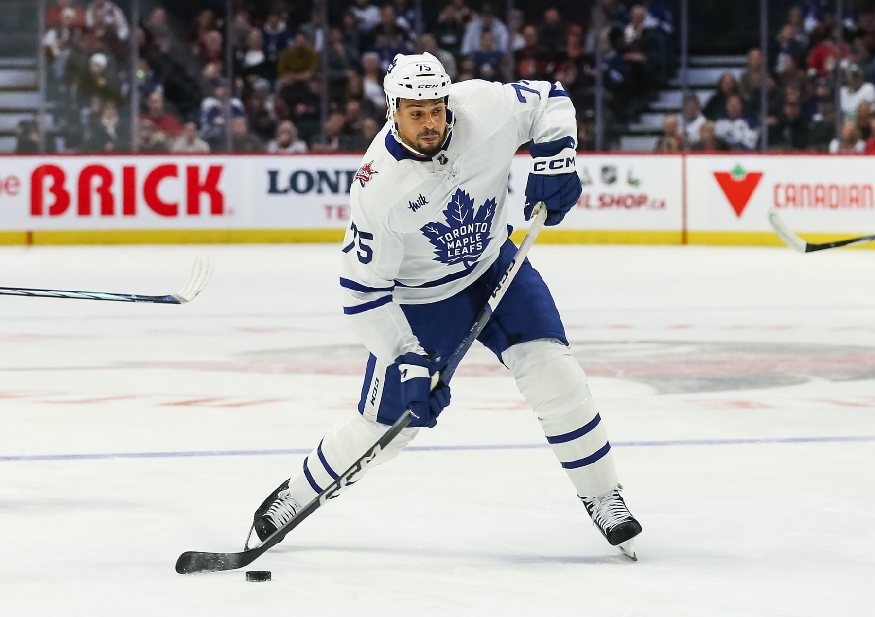 OTTAWA, CANADA - DECEMBER 07: Ryan Reaves #75 of the Toronto Maple Leafs skates against the Ottawa Senators at Canadian Tire Centre on December 07, 2023 in Ottawa, Ontario, Canada. (Photo by Chris Tanouye/Freestyle Photography/Getty Images)
