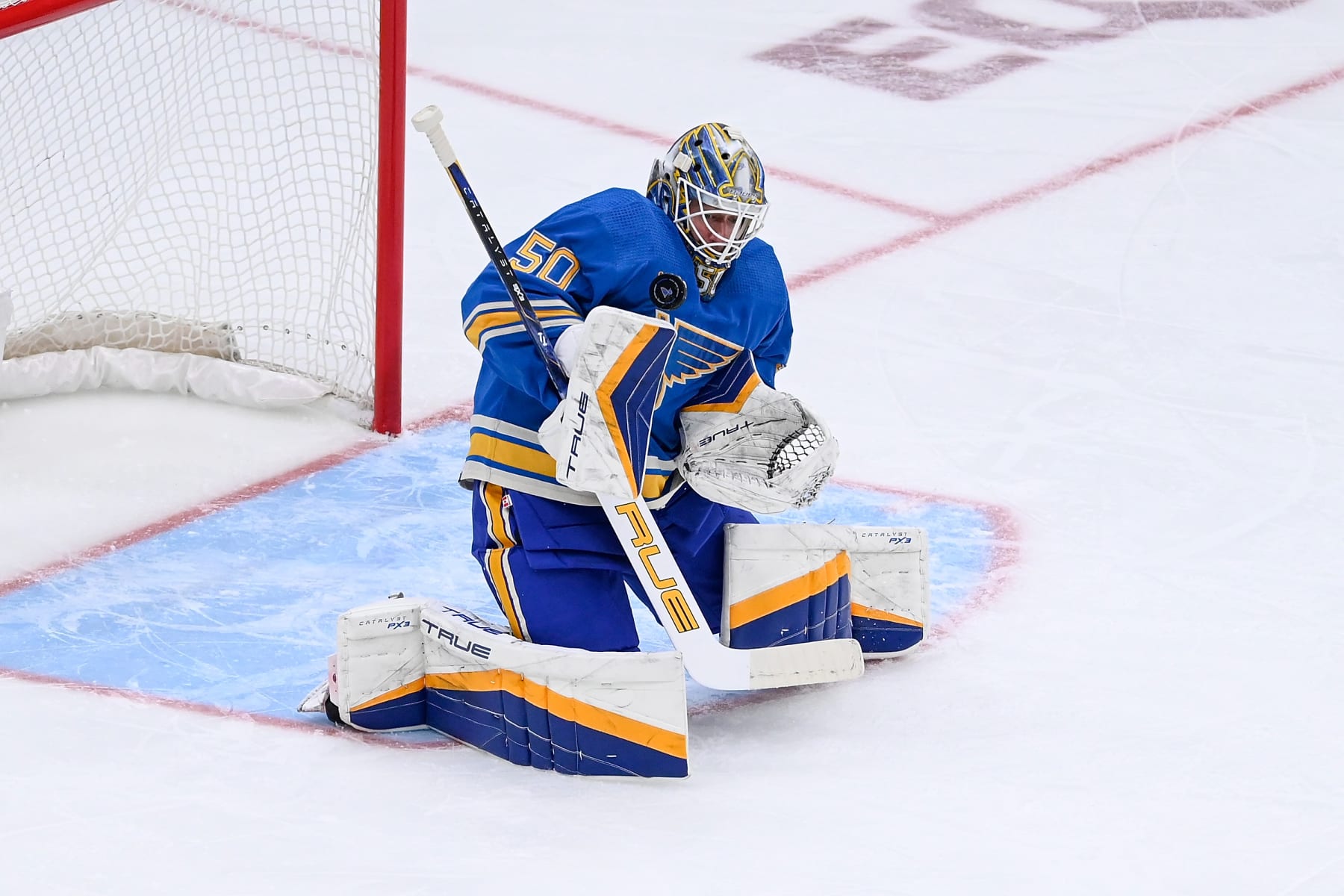 ST. LOUIS, MO - DECEMBER 14: Jordan Binnington #50 of the St. Louis Blues blocks a shot against the Dallas Stars on December 14, 2023 at the Enterprise Center in St. Louis, Missouri. (Photo by Alexis R. Knight/NHLI via Getty Images)