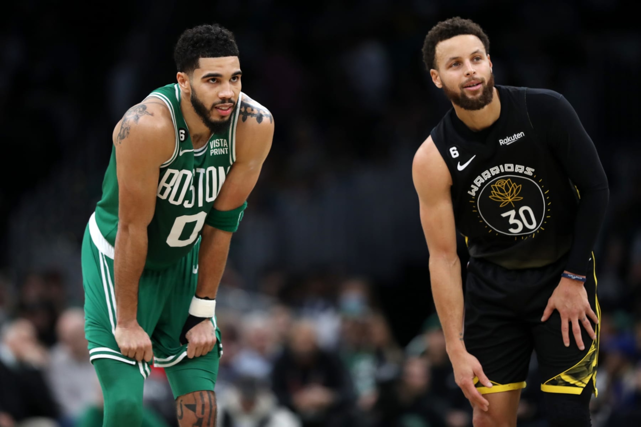 BOSTON, MASSACHUSETTS - JANUARY 19: Jayson Tatum #0 of the Boston Celtics talks with Stephen Curry #30 of the Golden State Warriors during the first half at TD Garden on January 19, 2023 in Boston, Massachusetts. NOTE TO USER: User expressly acknowledges and agrees that, by downloading and or using this photograph, User is consenting to the terms and conditions of the Getty Images License Agreement. (Photo by Maddie Meyer/Getty Images) BOSTON, MASSACHUSETTS - JANUARY 19: Jayson Tatum #0 of the Boston Celtics talks with Stephen Curry #30 of the Golden State Warriors during the first half at TD Garden on January 19, 2023 in Boston, Massachusetts. NOTE TO USER: User expressly acknowledges and agrees that, by downloading and or using this photograph, User is consenting to the terms and conditions of the Getty Images License Agreement. (Photo by Maddie Meyer/Getty Images)