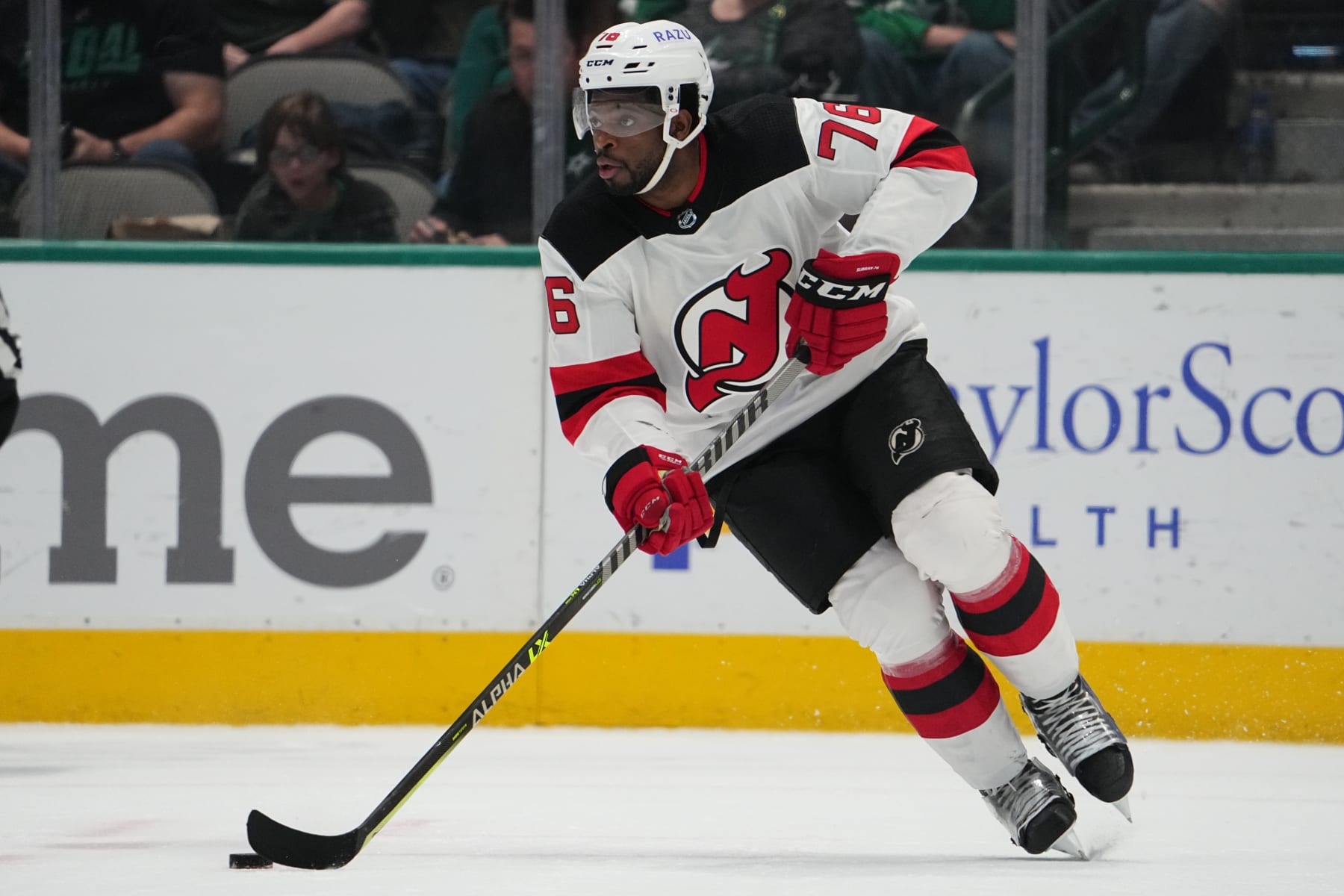 DALLAS, TX - APRIL 9: P.K. Subban #76 of the New Jersey Devils handles the puck against the Dallas Stars at the American Airlines Center on April 9, 2022 in Dallas, Texas. (Photo by Glenn James/NHLI via Getty Images)