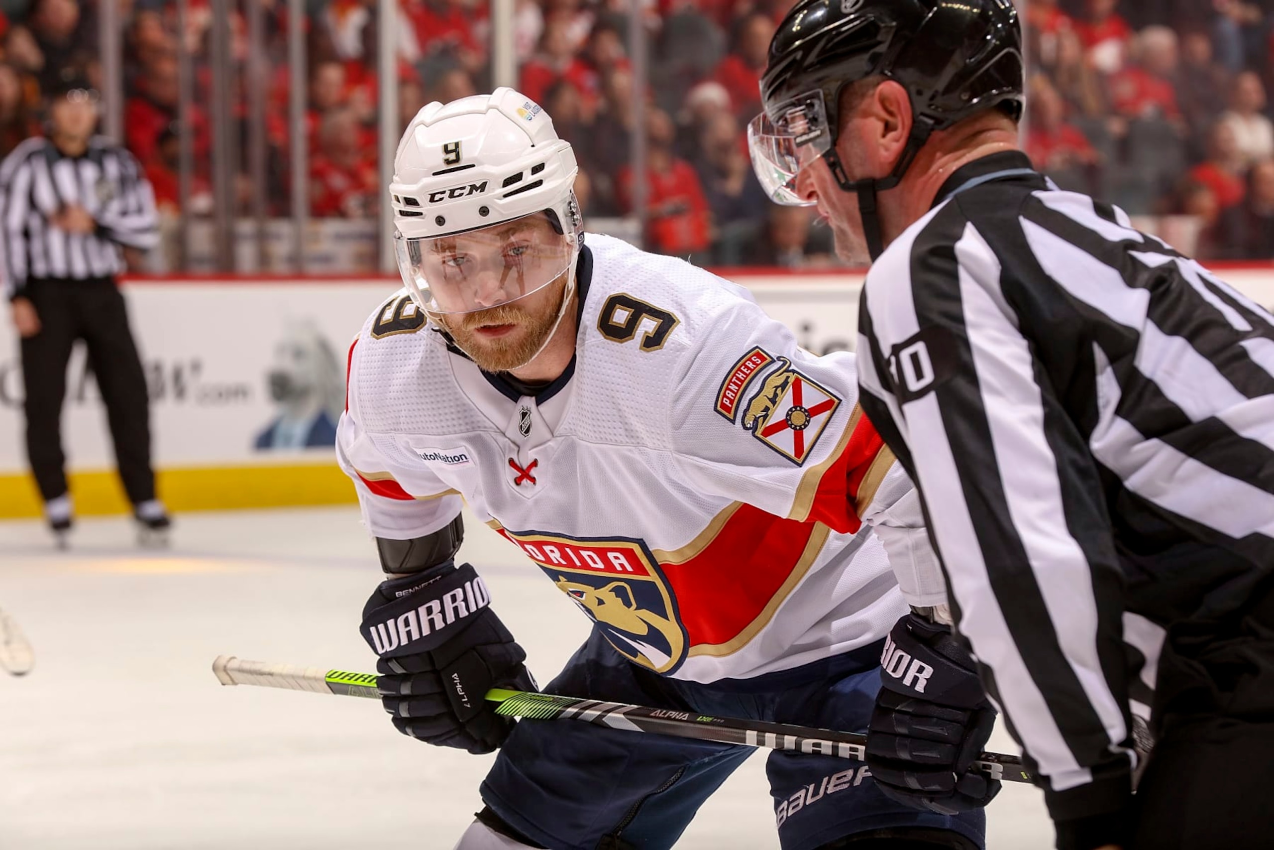 CALGARY, AB - DECEMBER 18: Sam Bennett #9 of the Florida Panthers prepares to face off against the Calgary Flames at Scotiabank Saddledome on December 18, 2023 in Calgary, Alberta, Canada. (Photo by Gerry Thomas/NHLI via Getty Images)