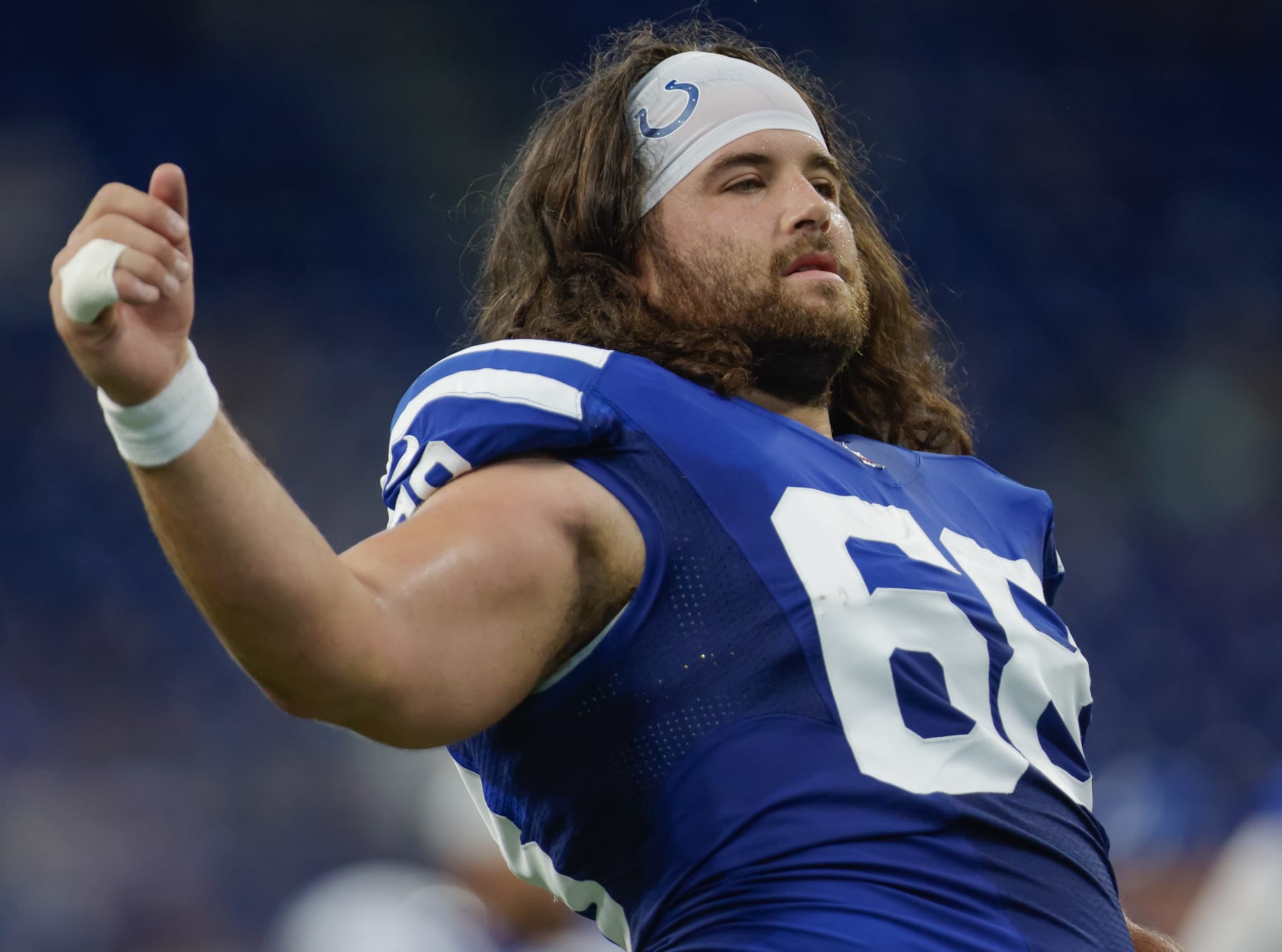 INDIANAPOLIS, IN - SEPTEMBER 12: Joey Hunt #68 of the Indianapolis Colts is seen before the game against the Seattle Seahawks at Lucas Oil Stadium on September 12, 2021 in Indianapolis, Indiana. (Photo by Michael Hickey/Getty Images) INDIANAPOLIS, IN - SEPTEMBER 12: Joey Hunt #68 of the Indianapolis Colts is seen before the game against the Seattle Seahawks at Lucas Oil Stadium on September 12, 2021 in Indianapolis, Indiana. (Photo by Michael Hickey/Getty Images)