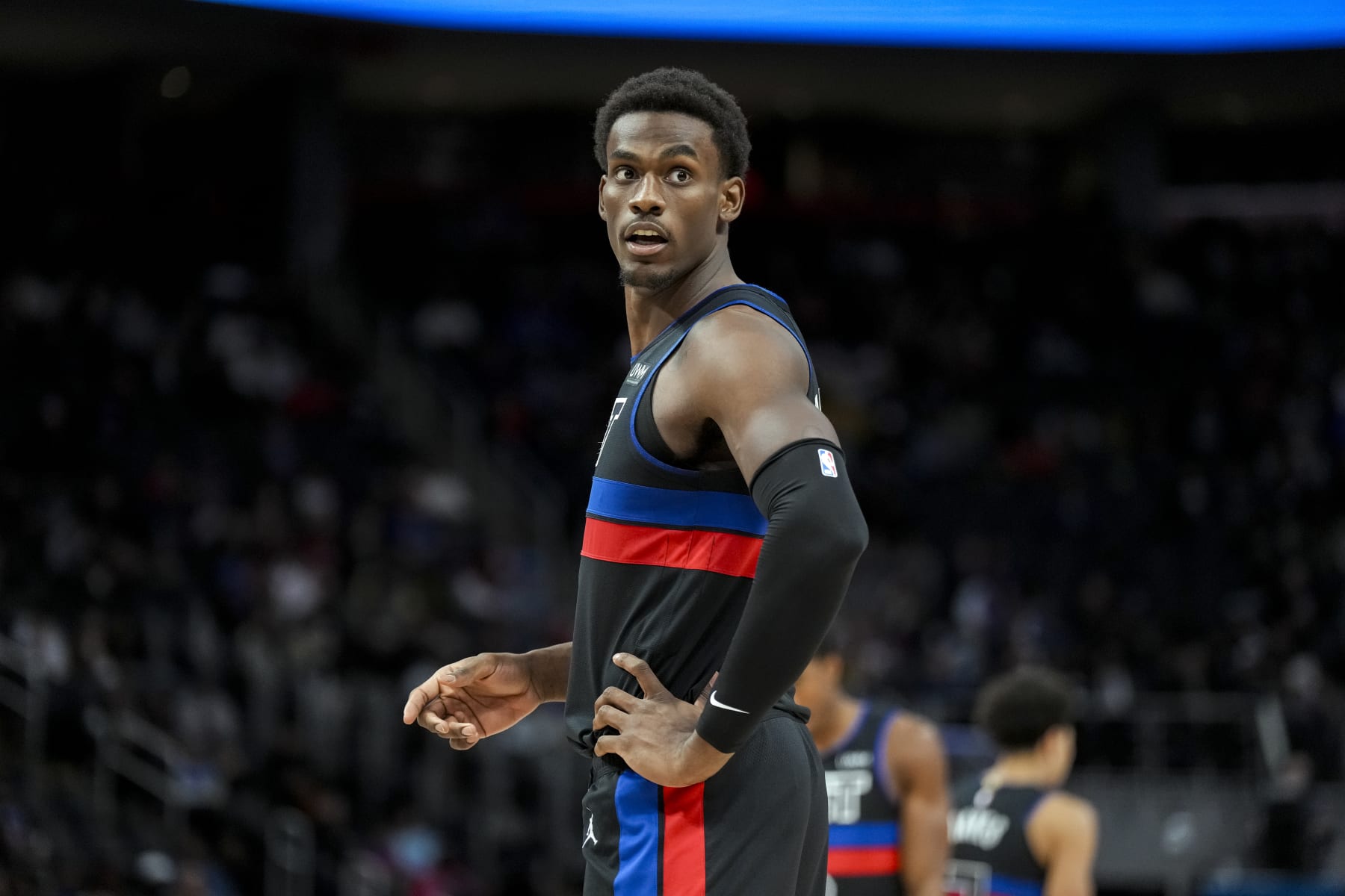 DETROIT, MICHIGAN - DECEMBER 02: Jalen Duren #0 of the Detroit Pistons looks on against the Cleveland Cavaliers at Little Caesars Arena on December 02, 2023 in Detroit, Michigan. NOTE TO USER: User expressly acknowledges and agrees that, by downloading and or using this photograph, User is consenting to the terms and conditions of the Getty Images License Agreement. (Photo by Nic Antaya/Getty Images)