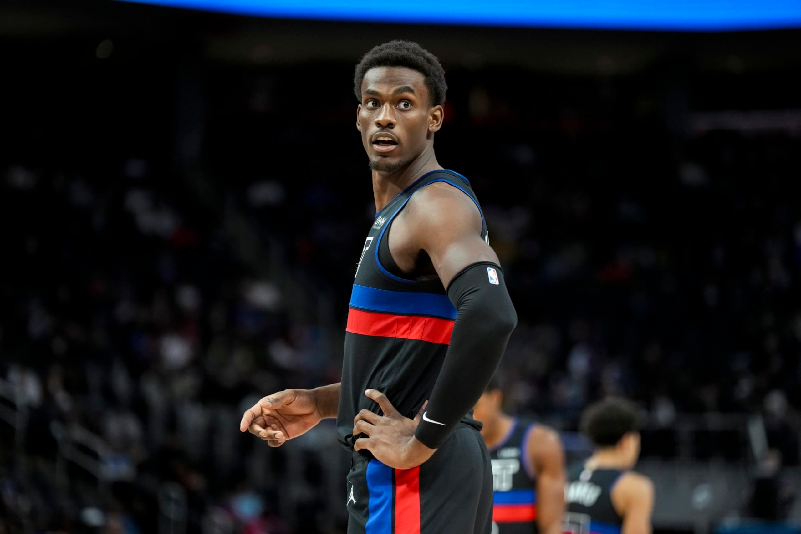DETROIT, MICHIGAN - DECEMBER 02: Jalen Duren #0 of the Detroit Pistons looks on against the Cleveland Cavaliers at Little Caesars Arena on December 02, 2023 in Detroit, Michigan. NOTE TO USER: User expressly acknowledges and agrees that, by downloading and or using this photograph, User is consenting to the terms and conditions of the Getty Images License Agreement. (Photo by Nic Antaya/Getty Images)