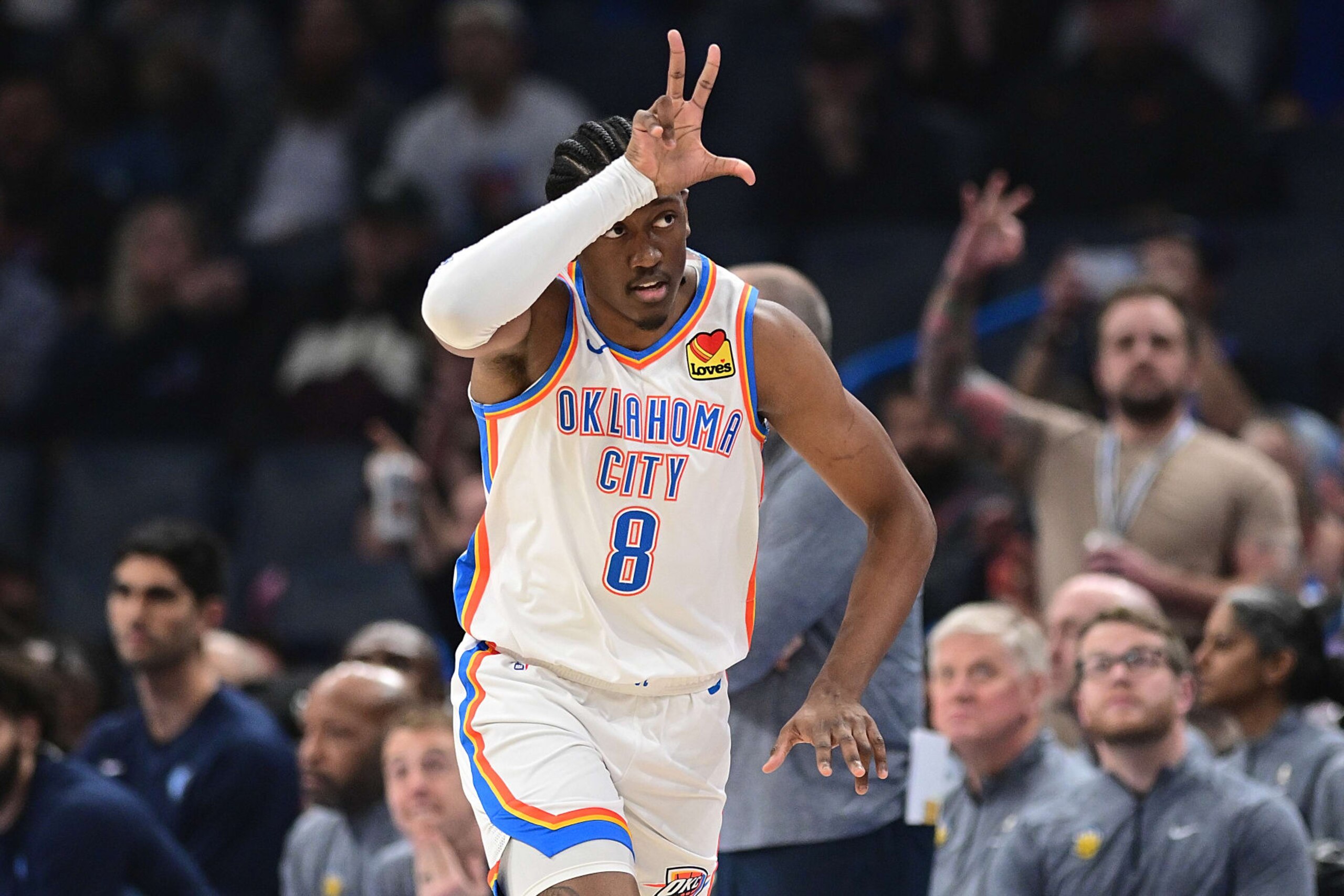 OKLAHOMA CITY, OKLAHOMA - DECEMBER 18: Jalen Williams #8 of the Oklahoma City Thunder celebrates a three-point shot during the first half against the Memphis Grizzlies at Paycom Center on December 18, 2023 in Oklahoma City, Oklahoma. NOTE TO USER: User expressly acknowledges and agrees that, by downloading and or using this Photograph, user is consenting to the terms and conditions of the Getty Images License Agreement. (Photo by Joshua Gateley/Getty Images)
