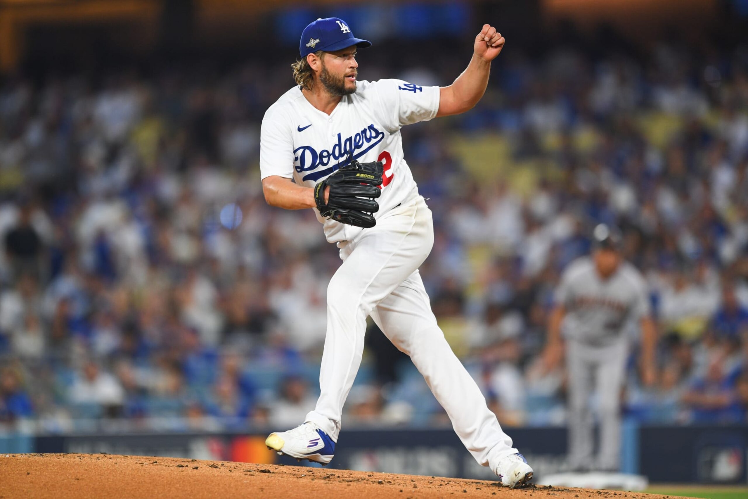 LOS ANGELES, CA - OCTOBER 07: Los Angeles Dodgers pitcher Clayton Kershaw (22) throws a pitch during the MLB NLDS Game 1 between the Arizona Diamondbacks and the Los Angeles Dodgers on October 7, 2023 at Dodger Stadium in Los Angeles, CA. (Photo by Brian Rothmuller/Icon Sportswire via Getty Images)