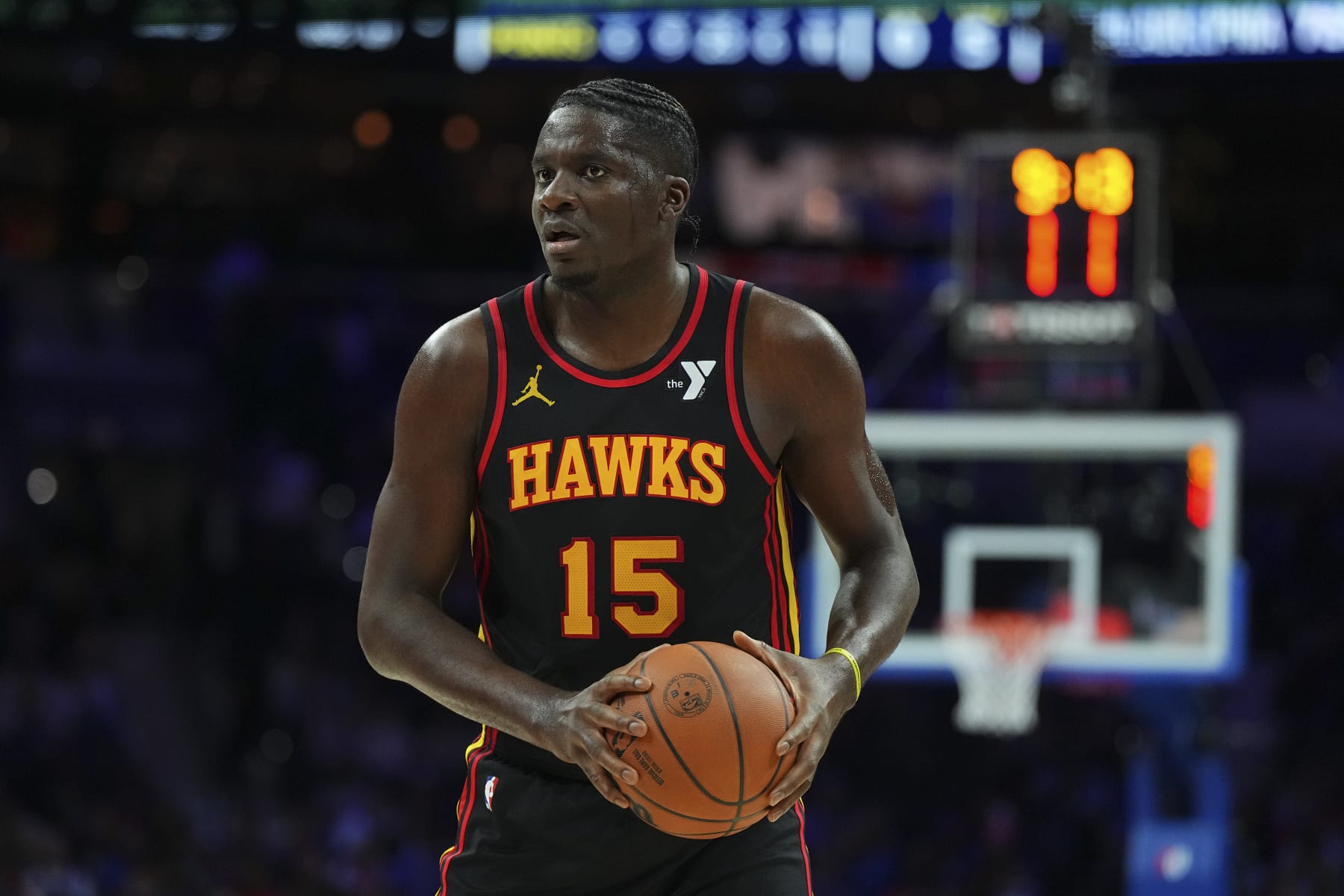 PHILADELPHIA, PENNSYLVANIA - DECEMBER 8: Clint Capela #15 of the Atlanta Hawks controls the ball against the Philadelphia 76ers at the Wells Fargo Center on December 8, 2023 in Philadelphia, Pennsylvania. NOTE TO USER: User expressly acknowledges and agrees that, by downloading and or using this photograph, User is consenting to the terms and conditions of the Getty Images License Agreement. (Photo by Mitchell Leff/Getty Images)