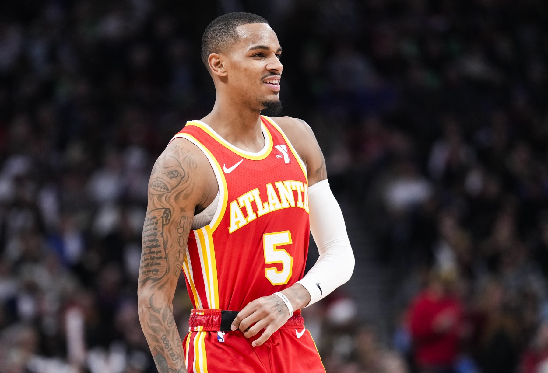 TORONTO, ON - DECEMBER 15: Dejounte Murray #5 of the Atlanta Hawks looks on against the Toronto Raptors during the second half of their basketball game at the Scotiabank Arena on December 15, 2023 in Toronto, Ontario, Canada. NOTE TO USER: User expressly acknowledges and agrees that, by downloading and/or using this Photograph, user is consenting to the terms and conditions of the Getty Images License Agreement. (Photo by Mark Blinch/Getty Images)